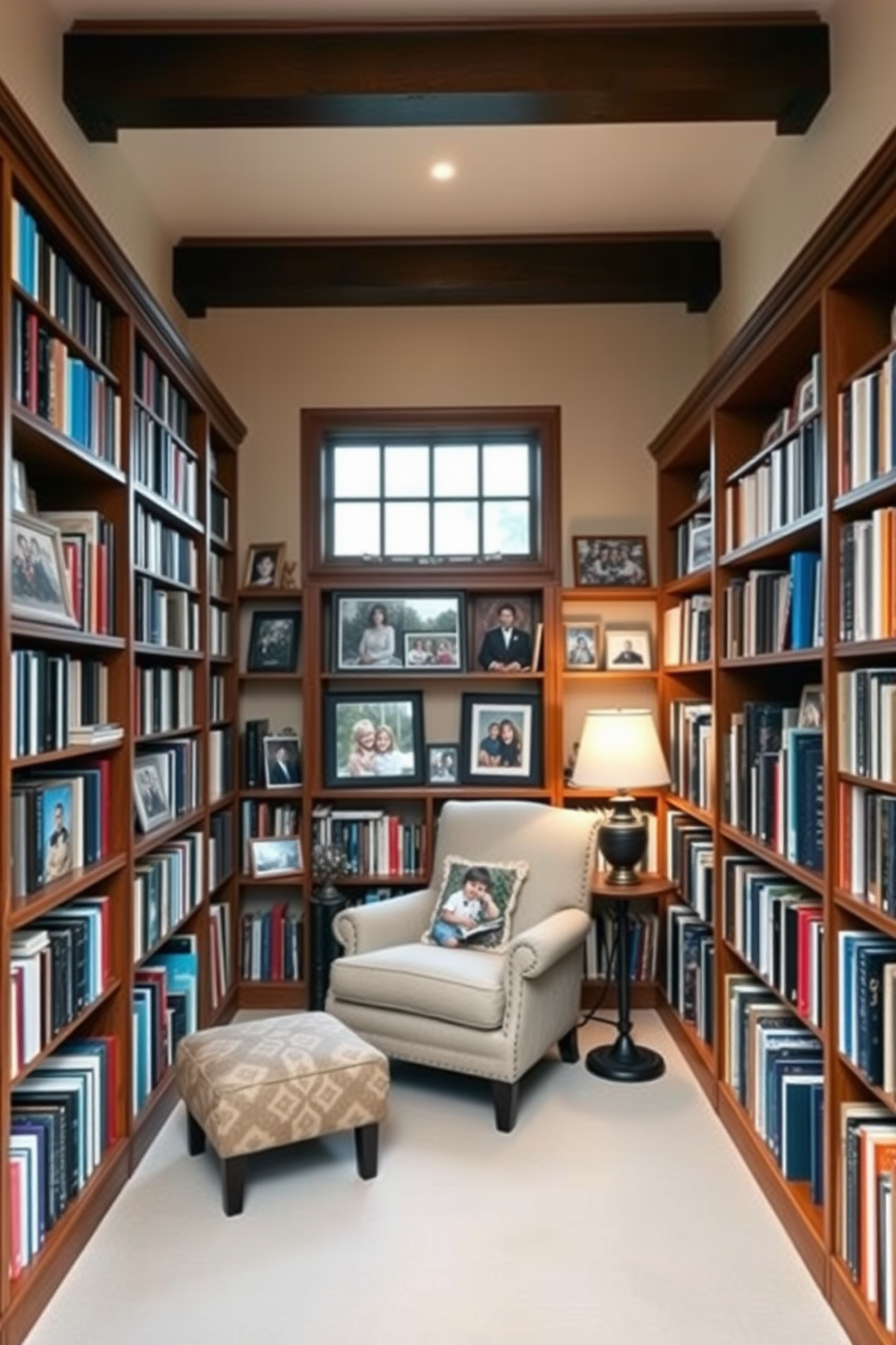 A personalized library filled with family photos creates a warm and inviting atmosphere. Shelves lined with books of various sizes surround a cozy reading nook with a plush armchair and a small side table. The walls are painted in a soft beige, complementing the rich wooden bookshelves. A large window allows natural light to flood the space, highlighting the cherished family photos displayed on the shelves and walls.