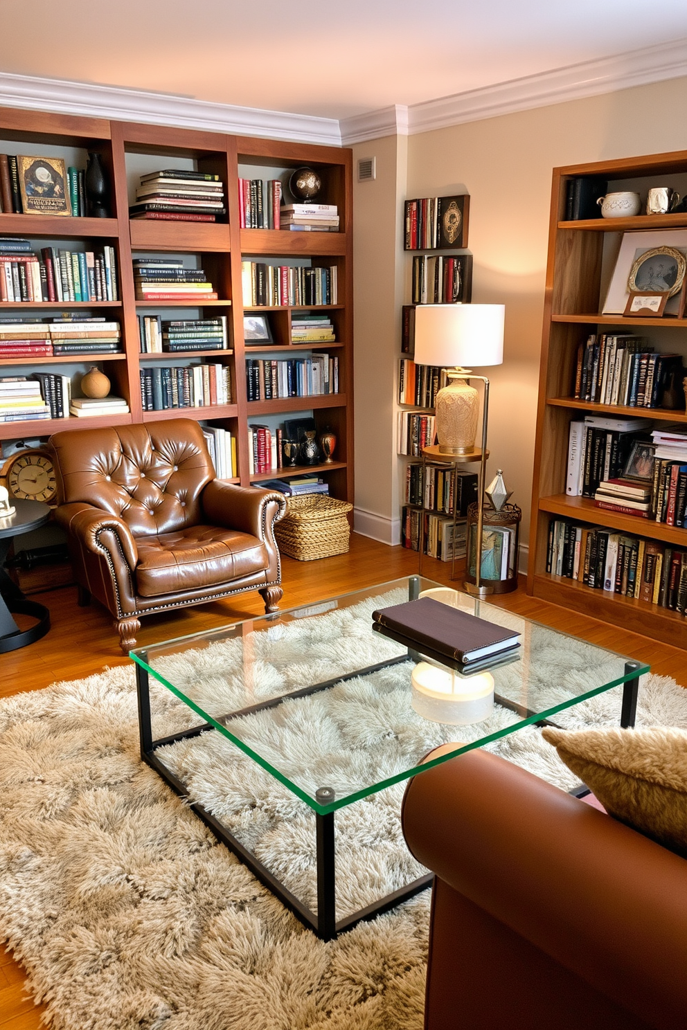 A cozy home library features a mix of unique furniture pieces that add character and style. A vintage leather armchair is paired with a reclaimed wood bookshelf filled with an eclectic collection of books and decorative objects. In the center, a sleek glass coffee table sits atop a plush area rug, inviting relaxation. Warm lighting from a stylish floor lamp creates an inviting atmosphere perfect for reading and study.