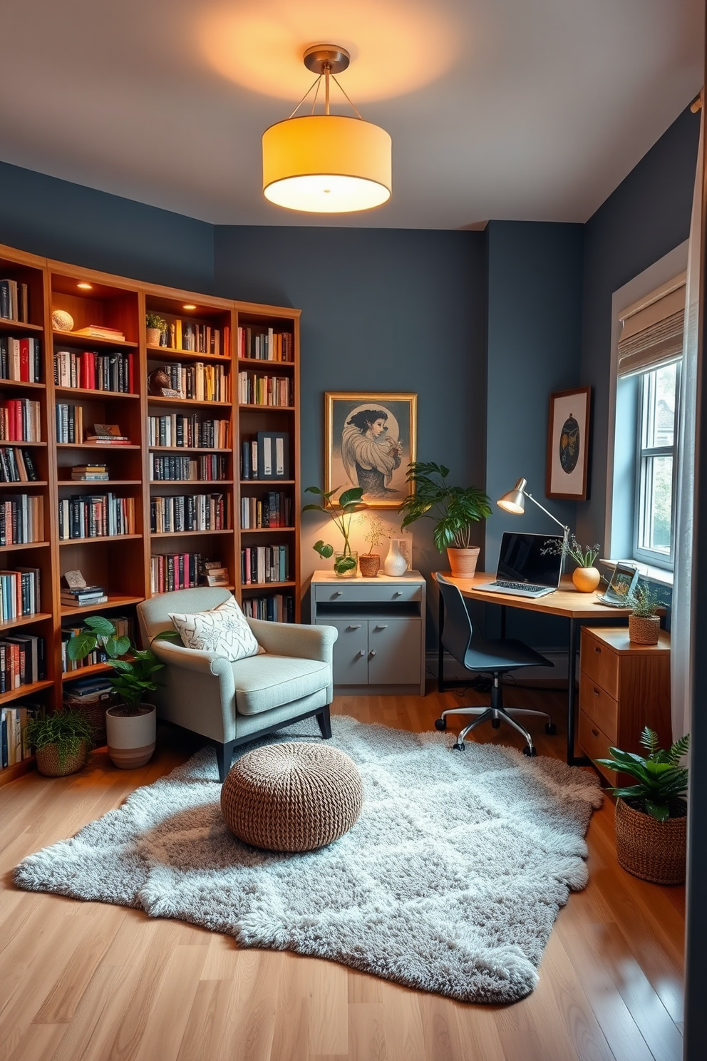 A cozy multi-functional space designed for both reading and working. The room features a large wooden bookshelf filled with books, a comfortable armchair in the corner, and a sleek desk positioned by a window for natural light. Soft, warm lighting creates an inviting atmosphere, while a plush area rug adds comfort underfoot. The walls are painted in a calming blue hue, and decorative plants are placed throughout the space to enhance the ambiance.