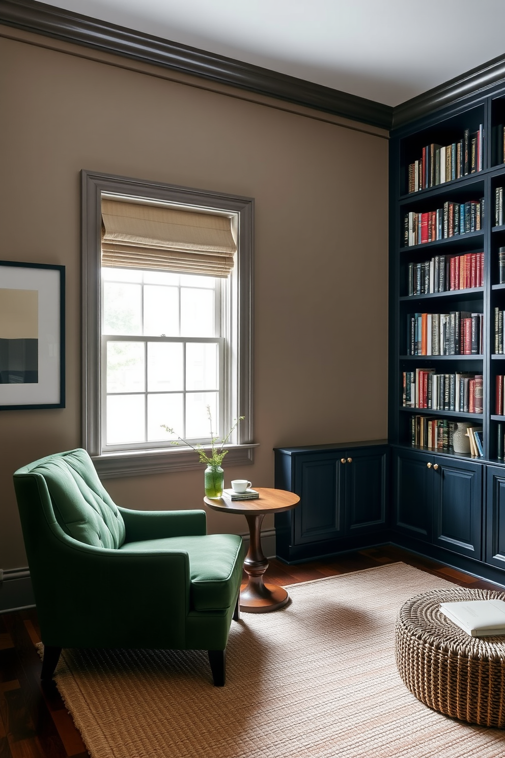 A sophisticated home library study featuring a calming color palette. The walls are painted in a soft taupe, complemented by rich navy bookshelves filled with an array of books. A plush, deep green armchair sits in the corner, paired with a sleek wooden side table. A large window allows natural light to flood the room, highlighting a woven area rug that adds warmth to the space.