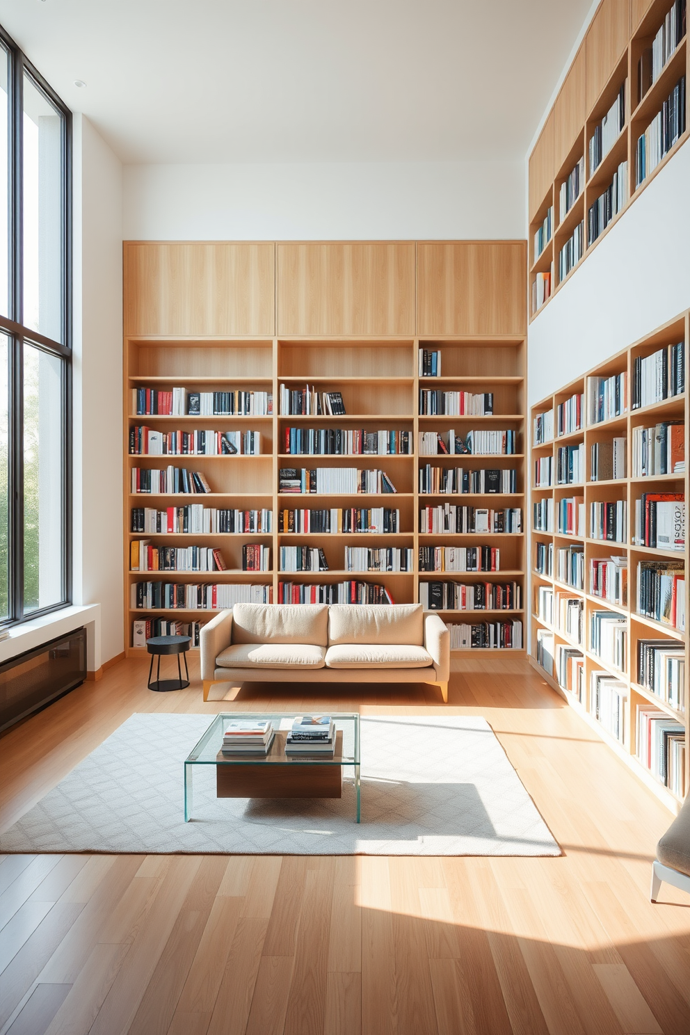 A modern minimalist library with clean lines features floor-to-ceiling bookshelves made of light wood, creating an airy feel. A sleek, low-profile sofa in a neutral tone is positioned in the center, accompanied by a simple glass coffee table. The walls are painted in a soft white, enhancing the brightness of the space. A large window allows natural light to flood in, illuminating a cozy reading nook with a plush armchair and a small side table.