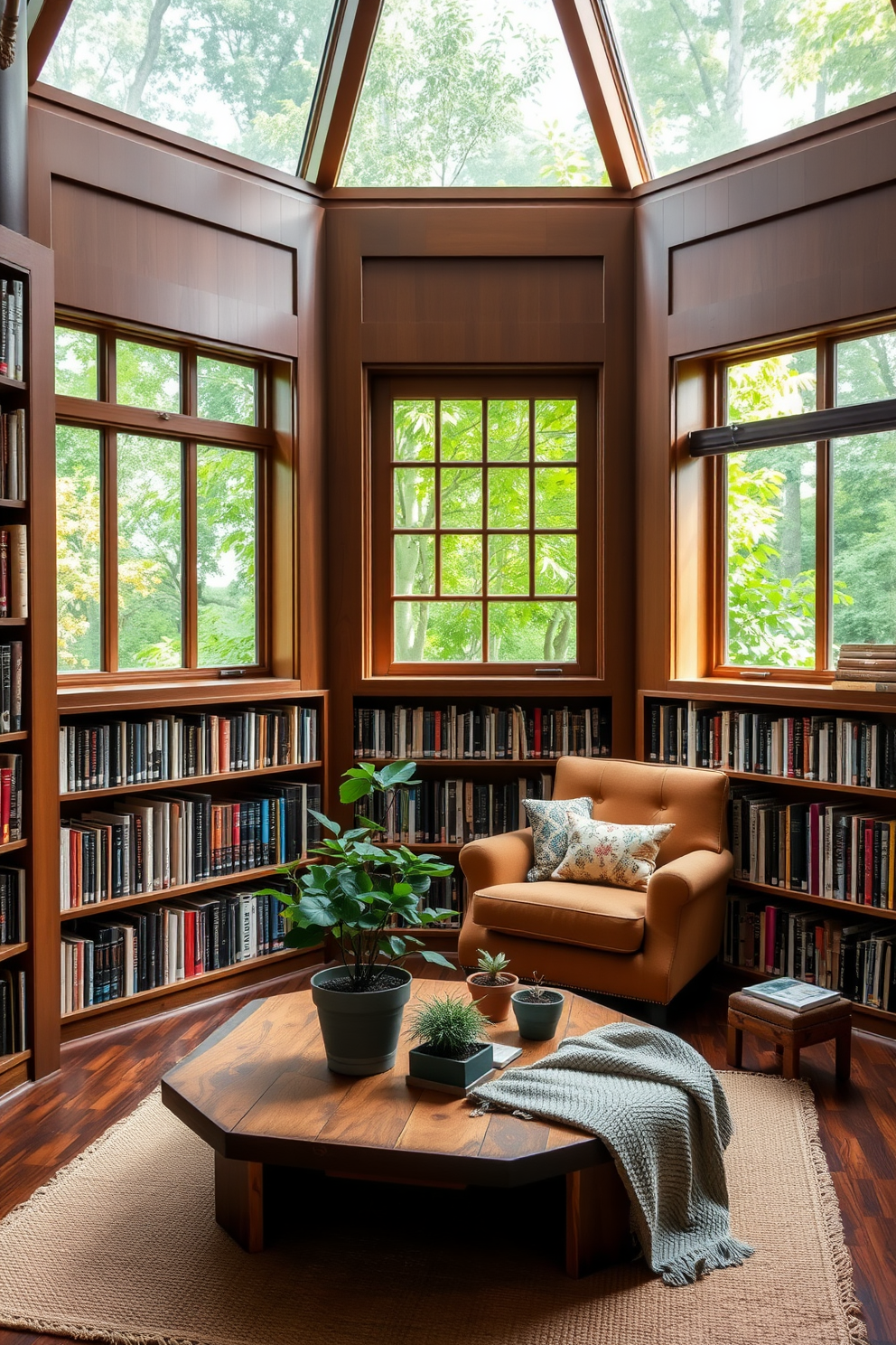 A serene outdoor-inspired library filled with natural light. The walls are lined with wooden bookshelves, and large windows frame views of lush greenery outside. A cozy reading nook features a plush armchair upholstered in earthy tones. A reclaimed wood coffee table sits nearby, adorned with potted plants and a soft throw blanket.