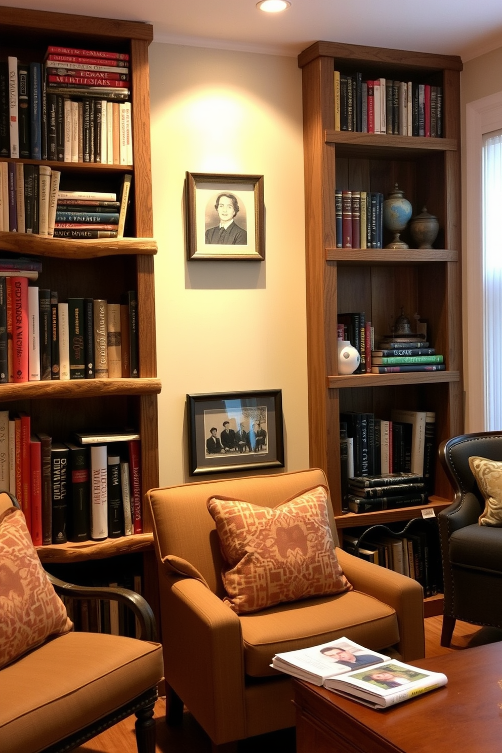 A cozy home library featuring rustic wooden shelves filled with books and decorative items. The warm lighting casts a soft glow, creating an inviting atmosphere perfect for reading and relaxation.