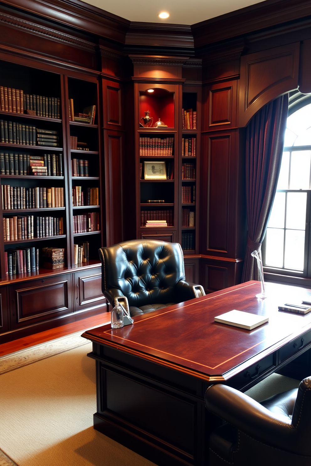 An elegant dark wood study features rich mahogany bookshelves filled with an array of books and decorative items. In the center, a large leather chair sits at a polished dark wood desk, complemented by a matching leather armchair in the corner. Soft ambient lighting casts a warm glow across the room, highlighting the intricate wood grain of the furniture. A large window allows natural light to filter in, framed by heavy drapes that add a touch of sophistication.