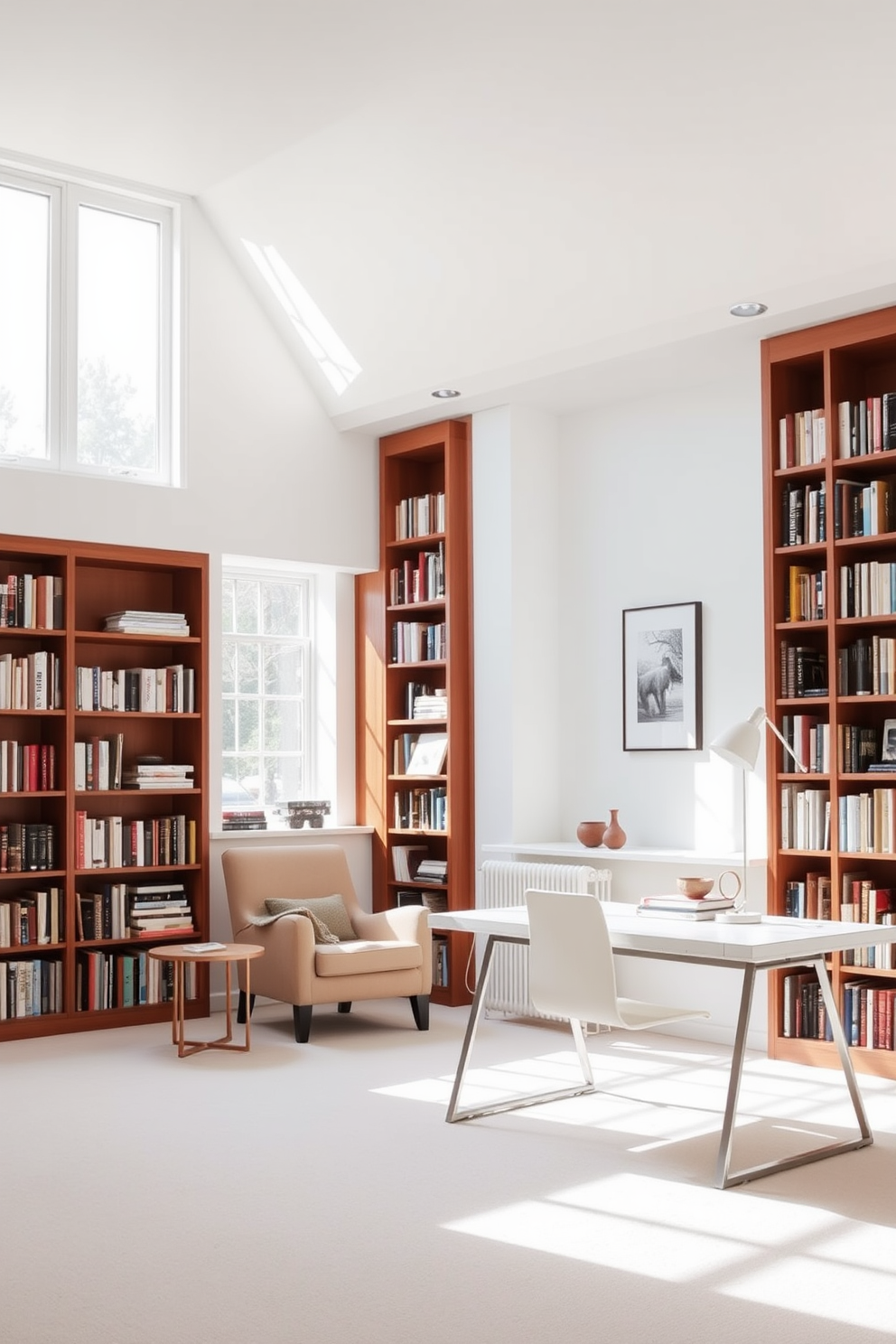 Bright and airy space with large windows that allow natural light to flood the room. The walls are painted in a soft white, creating a serene backdrop for the rich wooden bookshelves filled with an array of books. A cozy reading nook is positioned near the window, featuring a plush armchair and a small side table. A stylish desk with a minimalist design sits opposite the bookshelves, complemented by a sleek desk lamp and decorative accessories.