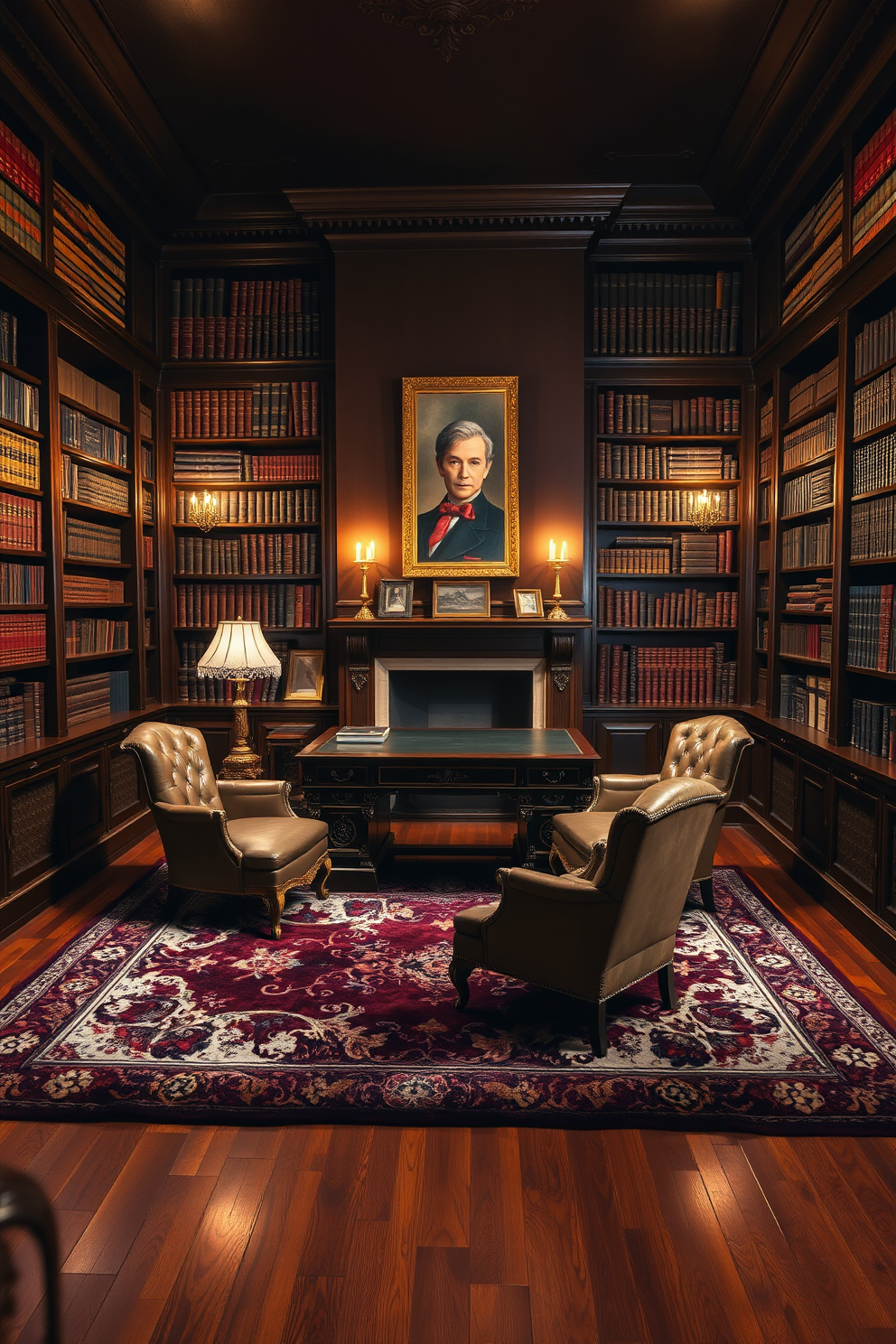 A vintage style library filled with antique furnishings. The room features dark wooden bookshelves lined with leather-bound books, and a large, ornate wooden desk sits at the center. A plush, patterned rug covers the hardwood floor, and a pair of comfortable armchairs are placed near a classic fireplace. Soft, warm lighting from brass sconces illuminates the rich textures of the room, creating an inviting atmosphere.