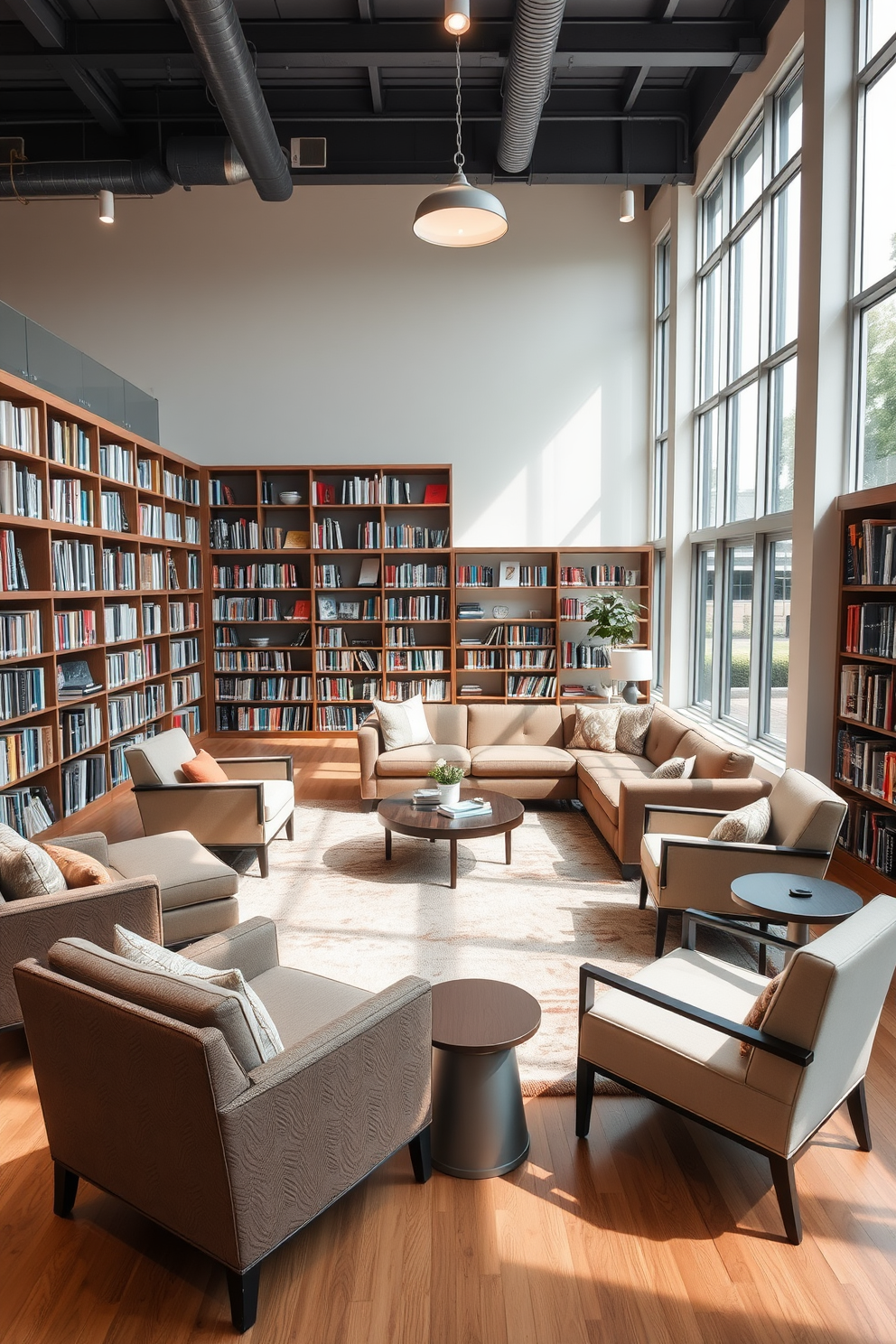 Open concept library with flexible seating. The space features a mix of comfortable armchairs and a large sectional sofa arranged around a central coffee table, creating a cozy reading nook. Bookshelves line the walls, filled with an array of books and decorative items. Large windows allow natural light to flood the room, highlighting a soft area rug that anchors the seating area.