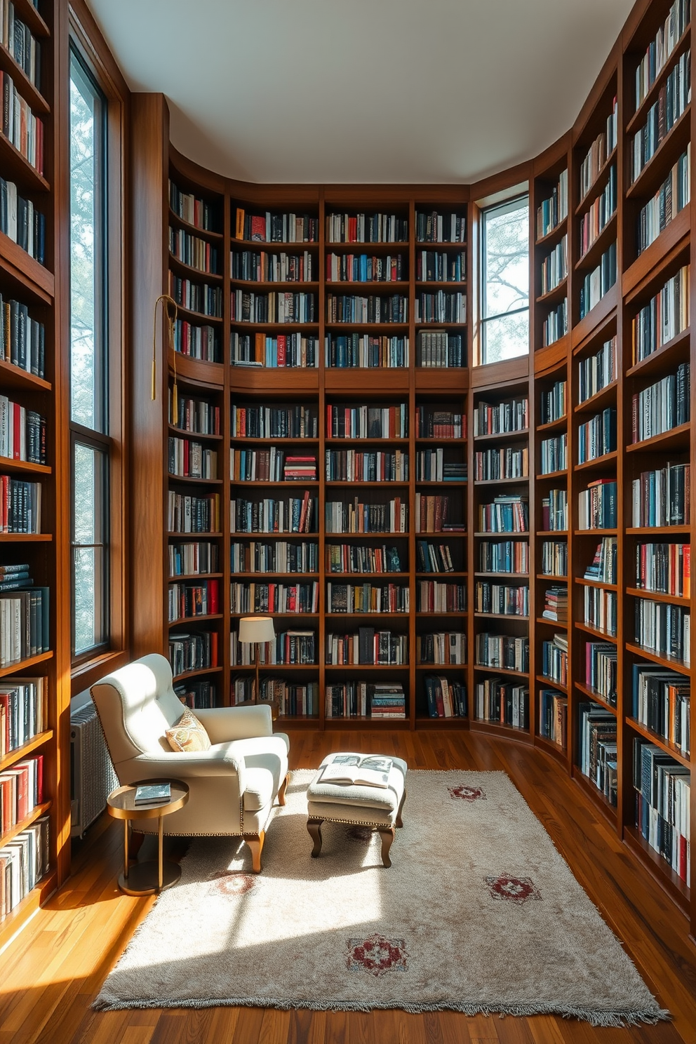 A cozy home library featuring floor to ceiling bookshelves that create a dramatic effect. The shelves are filled with an array of books in various colors and sizes, complemented by a comfortable reading nook with a plush armchair and a small side table. Natural light floods the space through large windows, illuminating the rich wood tones of the bookshelves. A soft area rug anchors the seating area, adding warmth and inviting you to relax with a good book.