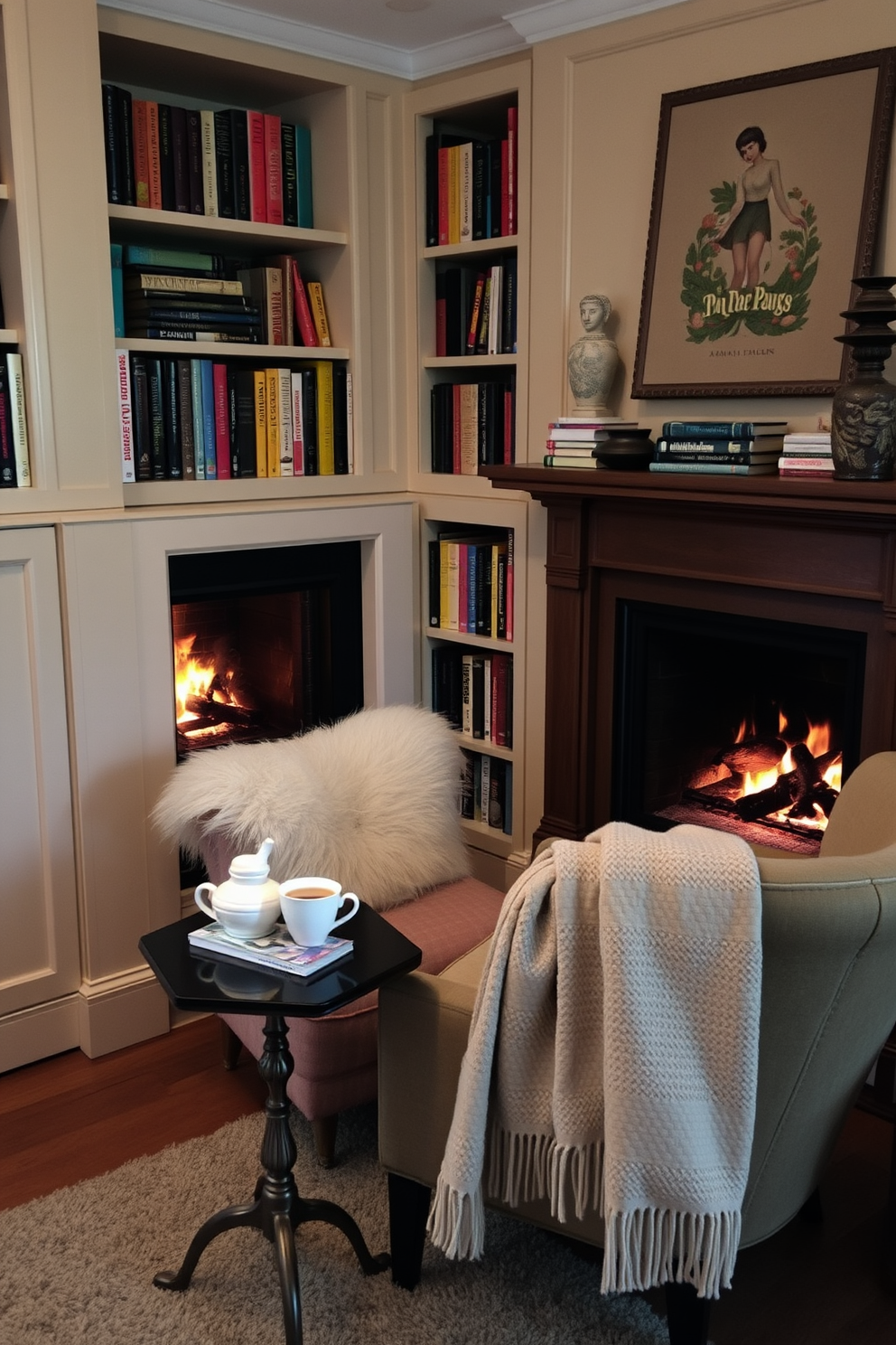 Cozy reading nook by the fireplace. A plush armchair is positioned next to a warm, crackling fire, with a soft throw blanket draped over the side. A small side table holds a steaming cup of tea and a stack of books. The walls are lined with built-in bookshelves filled with colorful novels and decorative items.