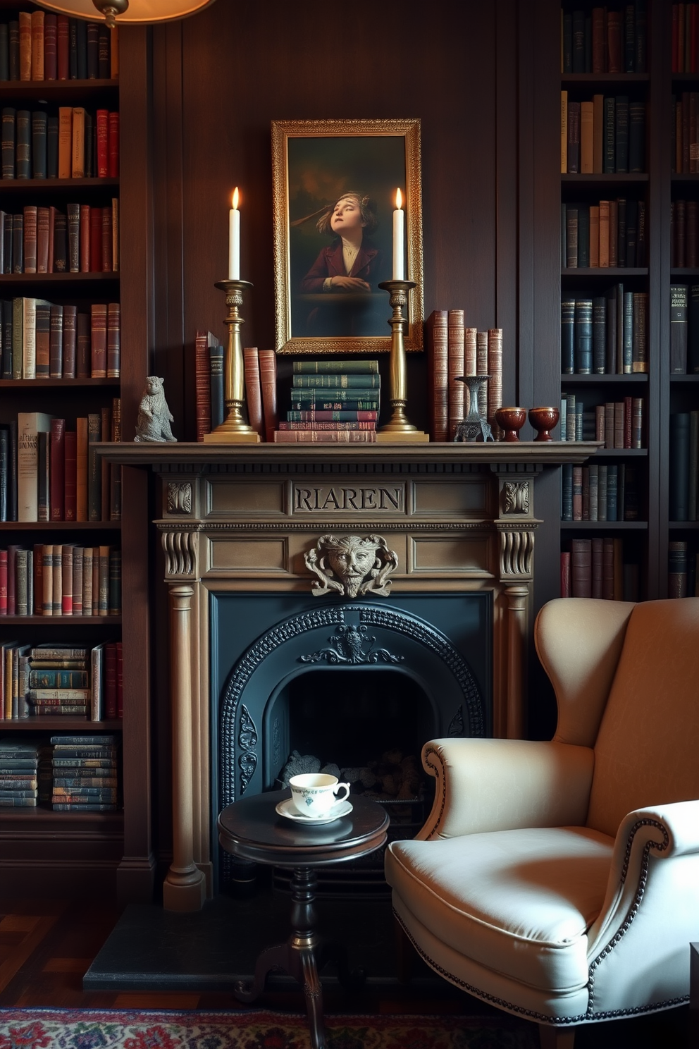 A cozy home library featuring a classic fireplace with an ornate mantelpiece. The mantel is adorned with vintage books and a pair of elegant candlesticks, creating a warm and inviting atmosphere. The library walls are lined with dark wood bookshelves filled with an array of books. A plush armchair sits near the fireplace, complemented by a small side table holding a steaming cup of tea.