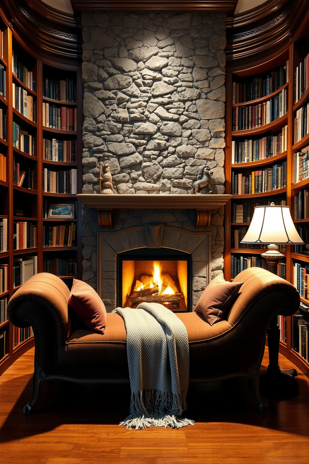 A cozy chaise lounge is positioned near a crackling fireplace, inviting relaxation with its soft cushions and warm throw blanket. The surrounding walls are lined with rich wooden bookshelves filled with an array of books, creating a serene atmosphere perfect for reading. The fireplace is framed by elegant stonework, enhancing the room's warmth and charm. Soft lighting from strategically placed lamps casts a gentle glow, highlighting the inviting space and making it ideal for quiet evenings.