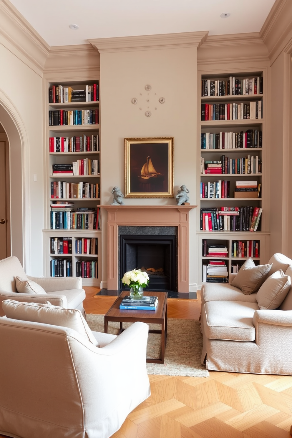 A serene home library with a neutral color palette. The walls are painted in soft beige, and the flooring features light oak wood, creating a warm and inviting atmosphere. A cozy fireplace is centered against one wall, framed by built-in bookshelves filled with an array of books. Plush seating, including a large armchair and a small sofa, is arranged around a simple coffee table, inviting relaxation and reading.