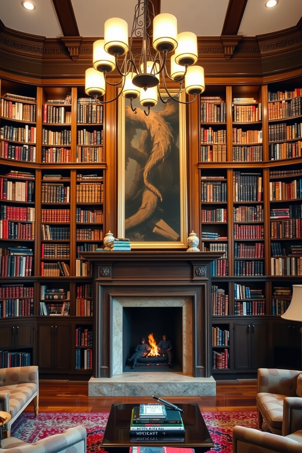 A cozy home library featuring elegant wooden bookshelves filled with an array of books. Above the shelves, artistic lighting fixtures cast a warm glow, enhancing the inviting atmosphere of the space. A grand fireplace serves as the focal point of the room, surrounded by comfortable seating options. Rich textures and colors create a sophisticated yet relaxed environment perfect for reading and reflection.