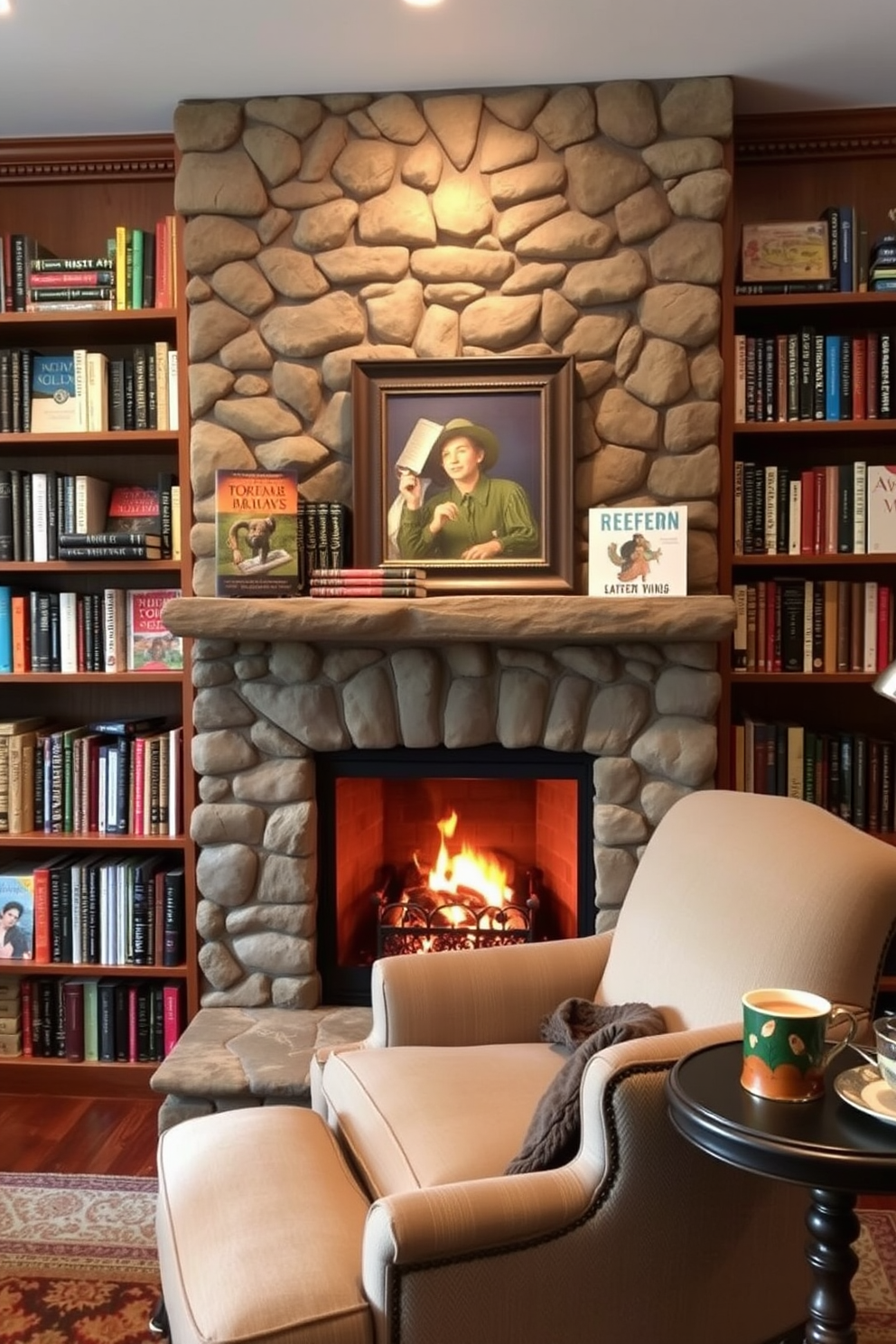 A cozy home library featuring personalized book displays on wooden shelves. A warm fireplace with a stone surround serves as the focal point, creating an inviting atmosphere for reading. The shelves are filled with an eclectic mix of books, arranged by color and size for visual interest. A plush armchair is positioned near the fireplace, with a small side table holding a steaming cup of tea.