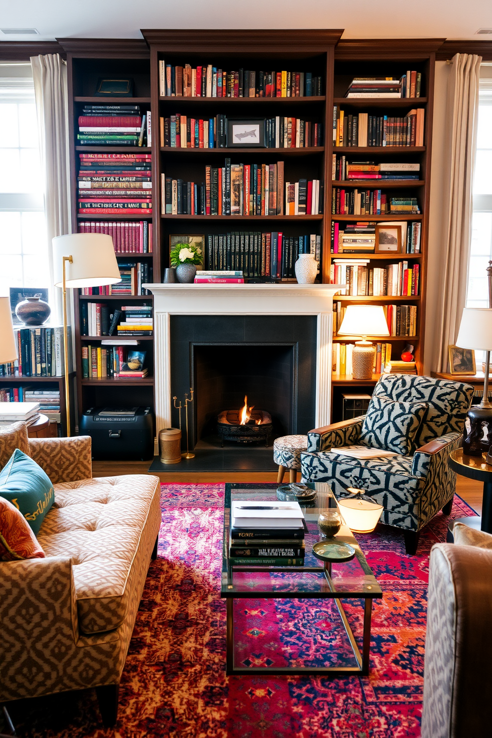 An inviting home library featuring an eclectic mix of furniture styles. A cozy fireplace serves as the focal point, surrounded by a combination of vintage and modern bookshelves filled with a diverse collection of books. A large, comfortable armchair in a bold pattern sits next to a sleek glass coffee table. A colorful rug anchors the space, while a mix of floor and table lamps provide warm, ambient lighting throughout the room.