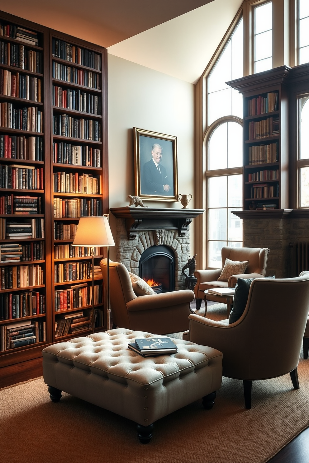 A cozy reading corner featuring a plush ottoman in a soft fabric. A tall bookshelf filled with books lines the wall, and a warm floor lamp casts a gentle glow over the space. The home library is designed around a classic fireplace with a stone surround. Comfortable armchairs are arranged near the fire, and large windows allow natural light to fill the room.