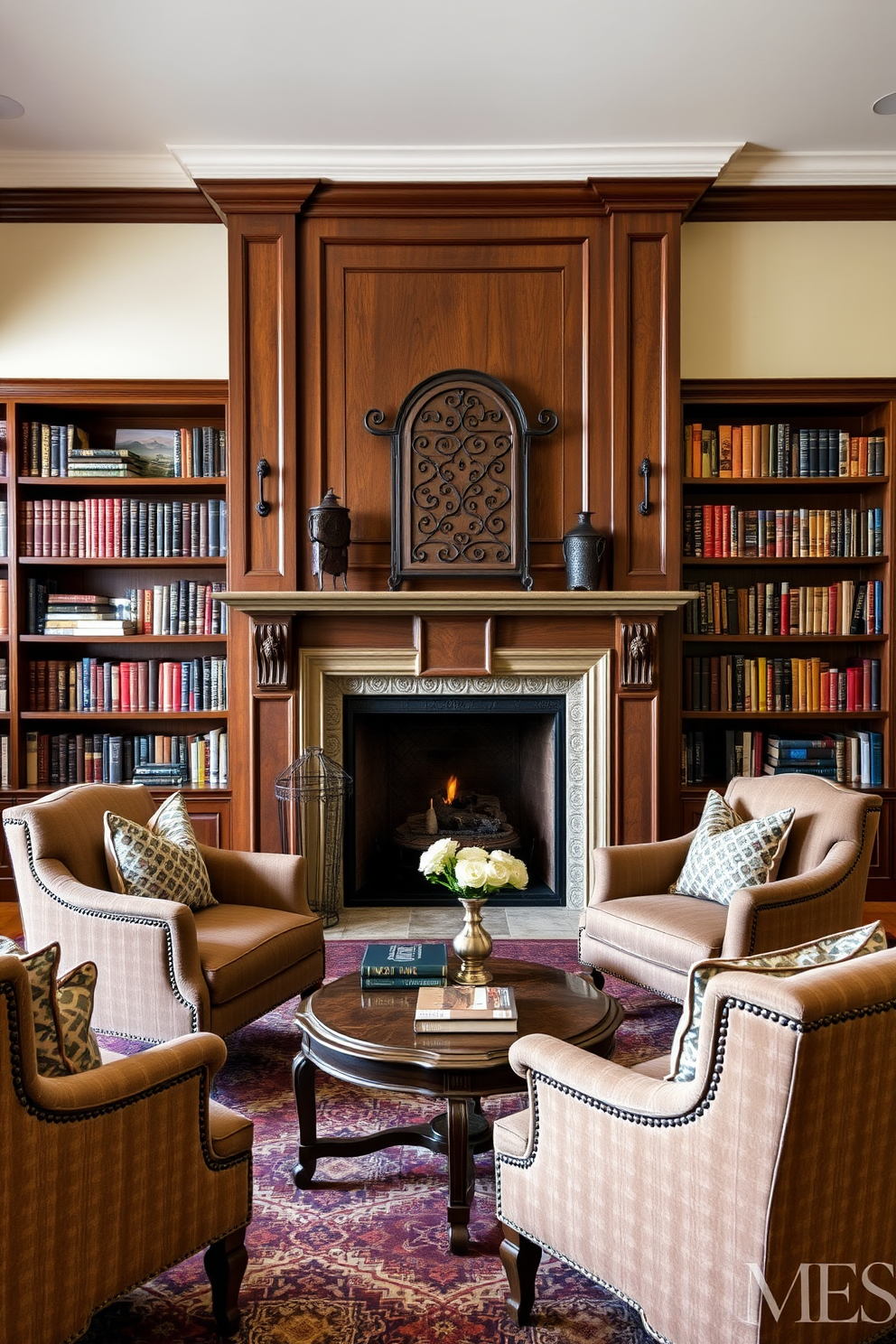 A beautifully designed home library featuring a cozy fireplace as the focal point. The fireplace is adorned with an elegant decorative screen that complements the rich wooden bookshelves lining the walls. Plush armchairs are arranged around a vintage coffee table, creating an inviting reading nook. Soft, ambient lighting enhances the warm atmosphere, making it the perfect space for relaxation and inspiration.