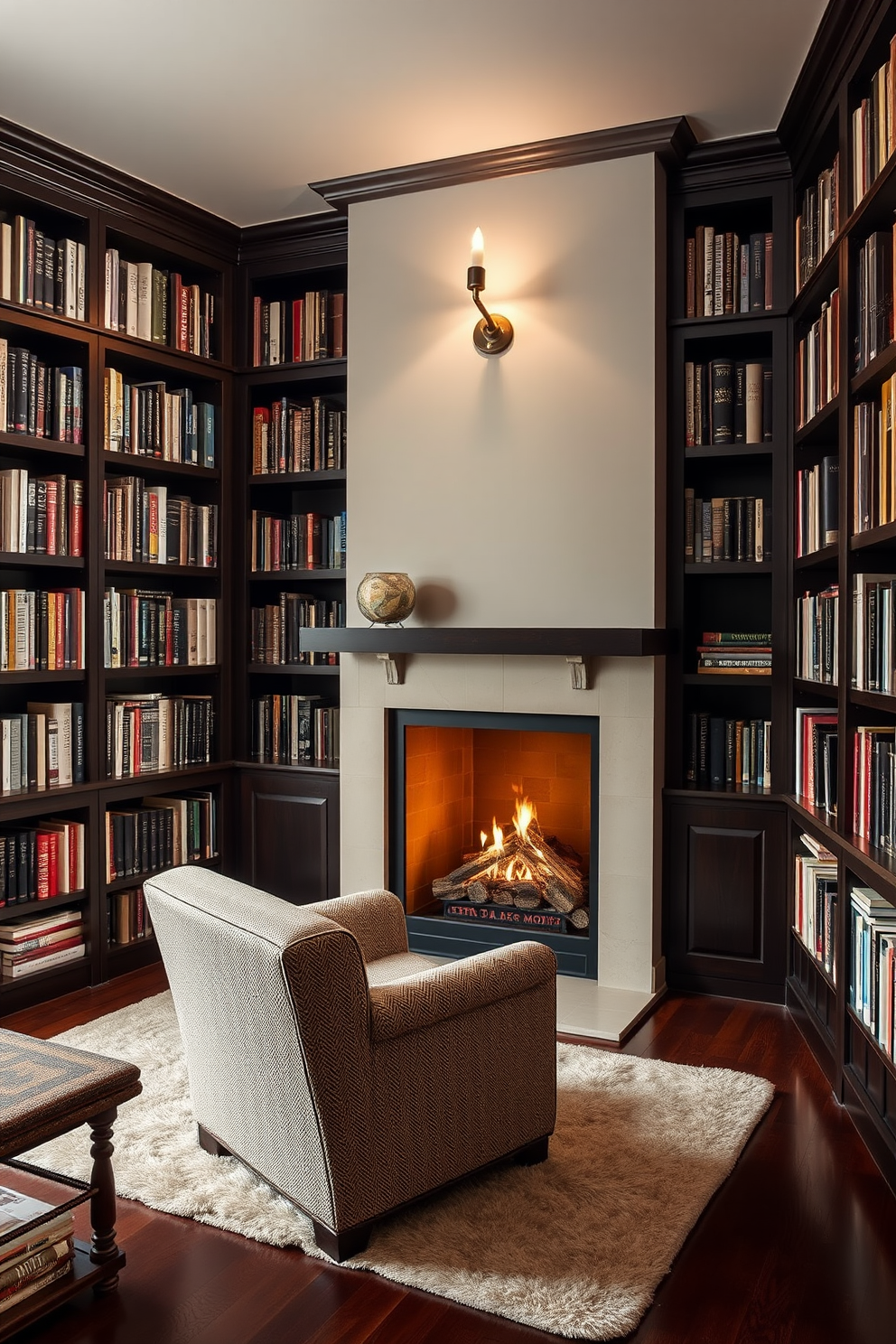 A cozy home library featuring a fireplace as the focal point. The walls are lined with dark wooden bookshelves filled with an array of books, while a plush armchair sits invitingly near the fire. Wall-mounted lighting fixtures illuminate the space, casting a warm glow over the reading nook. A soft area rug anchors the seating area, adding texture and comfort to the design.