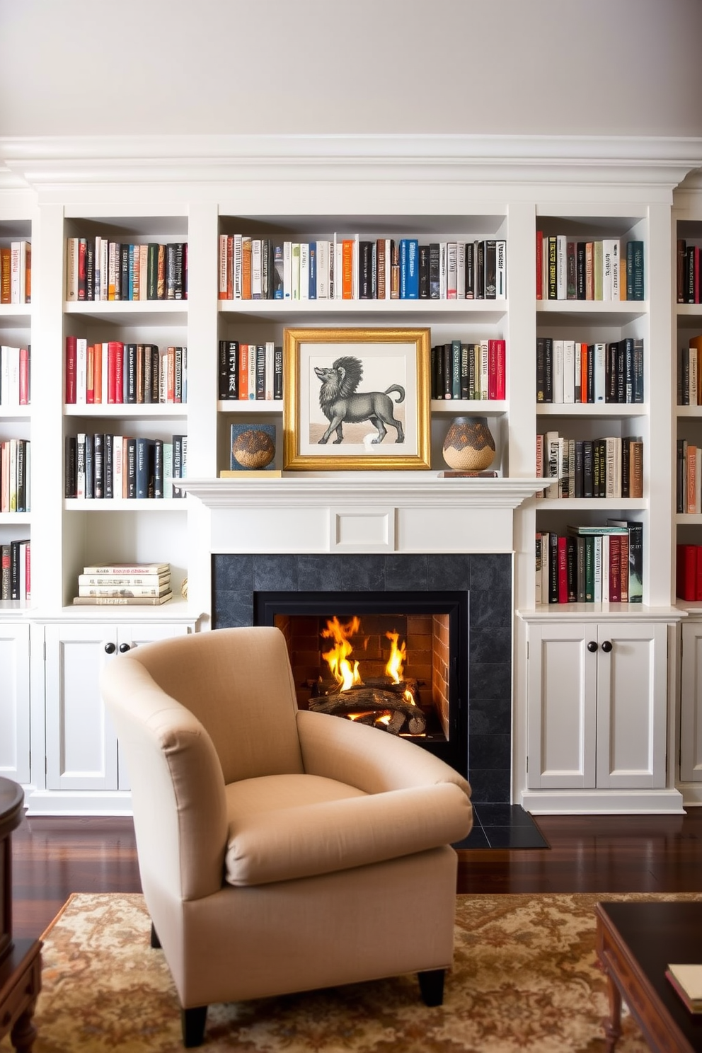 A cozy home library featuring built-in bookshelves that elegantly frame a central fireplace. The shelves are filled with an array of books, while a plush armchair sits invitingly in front of the fire, creating a warm reading nook.