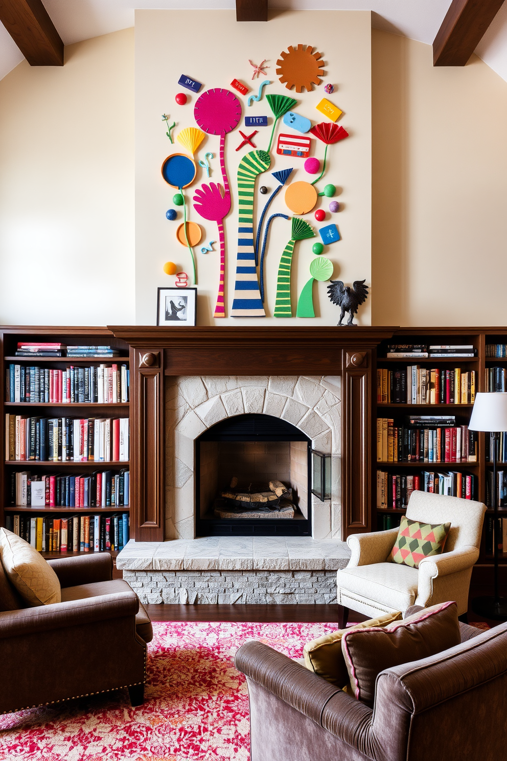 A cozy home library featuring a large fireplace as the focal point. Above the fireplace, whimsical wall art adds a playful touch, showcasing vibrant colors and imaginative designs. The library is lined with floor-to-ceiling bookshelves filled with a diverse collection of books. Plush seating options, including a comfortable armchair and a small reading nook, invite relaxation and enjoyment of the space.