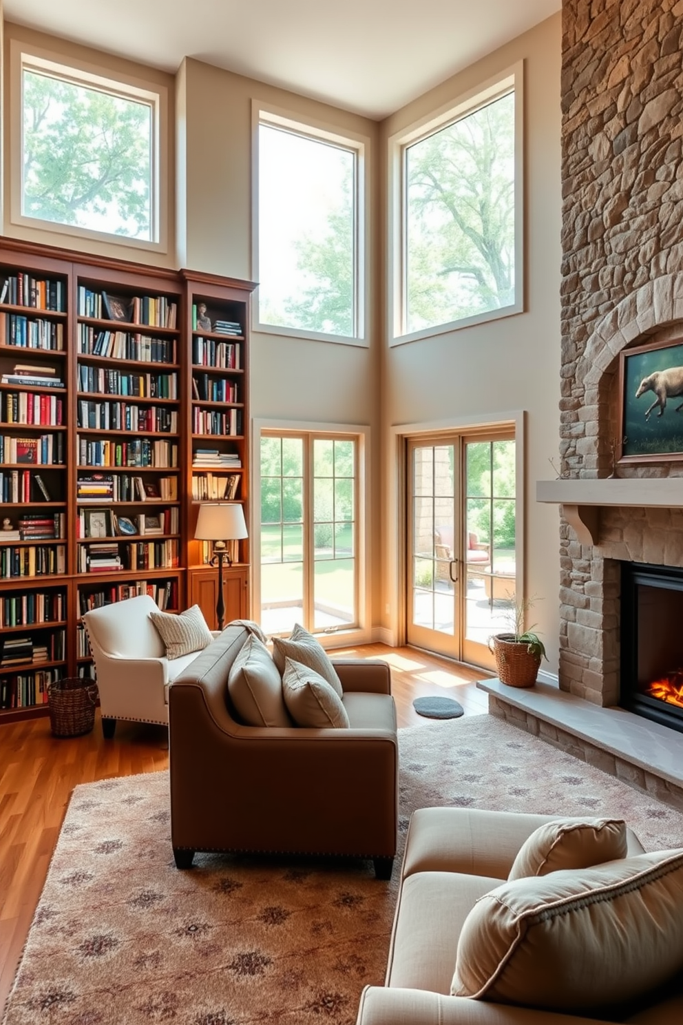 An inviting open floor plan seamlessly integrates a cozy home library with a stylish fireplace. The library features floor-to-ceiling bookshelves filled with an array of books, while a plush reading nook is positioned near the fireplace, inviting relaxation. The fireplace is framed by elegant stonework, creating a warm focal point in the space. Large windows allow natural light to flood the room, highlighting a comfortable seating area adorned with soft cushions and a textured area rug.