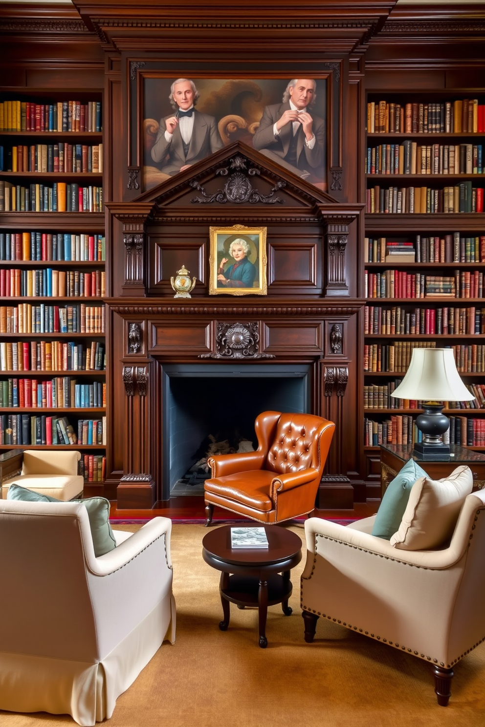 A classic fireplace with ornate details takes center stage in the room. The mantel is intricately carved, showcasing elegant moldings and a rich, dark wood finish. Surrounding the fireplace, plush armchairs invite relaxation, upholstered in luxurious fabrics. A warm area rug lies beneath, adding texture and comfort to the space. The home library features floor-to-ceiling bookshelves filled with an array of books. A cozy reading nook is positioned near the fireplace, complete with a vintage leather armchair and a small side table.