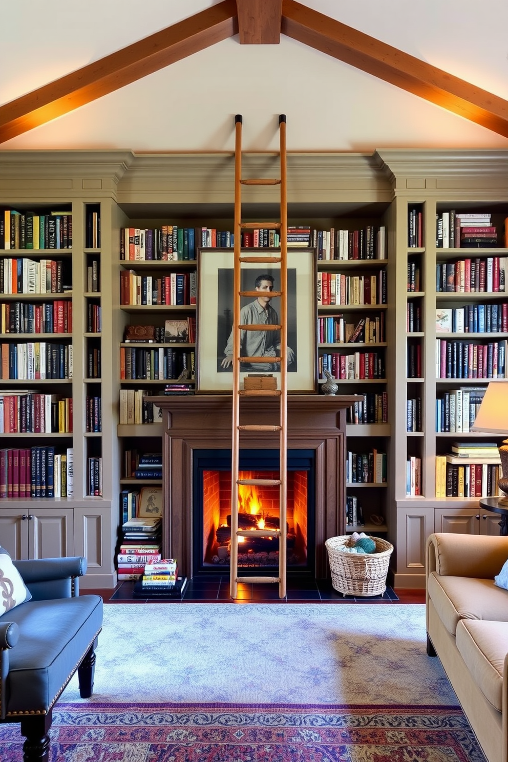 A cozy home library featuring a sliding ladder for easy access to books. The room includes a warm fireplace surrounded by built-in shelves filled with an extensive collection of books.