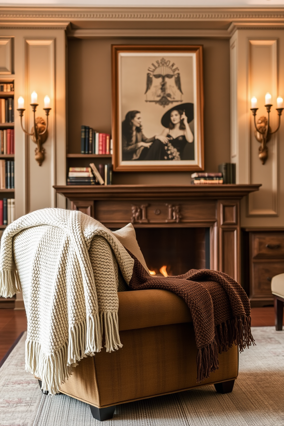 Textured throw blankets draped over a plush armchair create a cozy atmosphere in the home library. A warm color palette of deep browns and soft creams enhances the inviting feel of the space. The library features a grand fireplace framed by built-in bookshelves filled with an array of books. Soft lighting from elegant sconces casts a gentle glow, perfect for reading on chilly evenings.