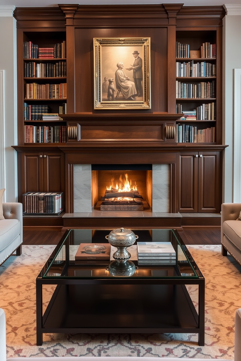 A stylish coffee table sits elegantly in front of a cozy fireplace. The table is made of glass and metal, surrounded by plush seating that invites relaxation. The home library features rich wooden bookshelves filled with an array of books. A warm, inviting atmosphere is created by the soft glow of the fireplace, enhancing the room's charm.