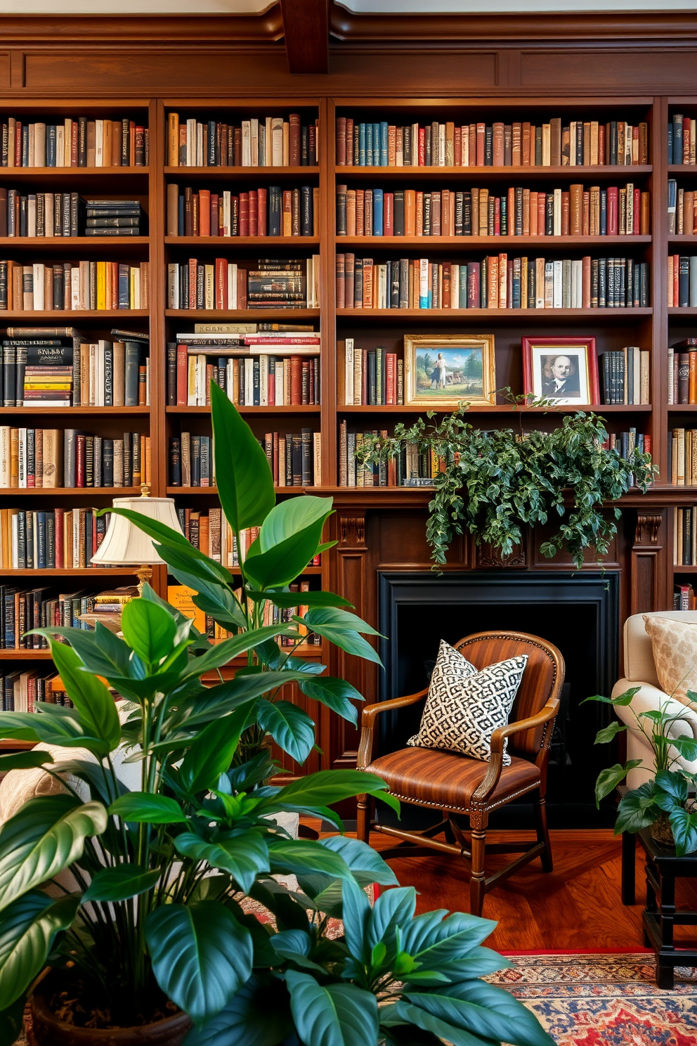 A cozy home library featuring a large bookshelf filled with books and decorative items. A comfortable reading chair is positioned near a classic fireplace, surrounded by warm lighting and soft textures. Indoor plants are strategically placed throughout the space to enhance the atmosphere. Lush green foliage complements the rich wood tones of the furniture and adds a refreshing touch to the cozy environment.