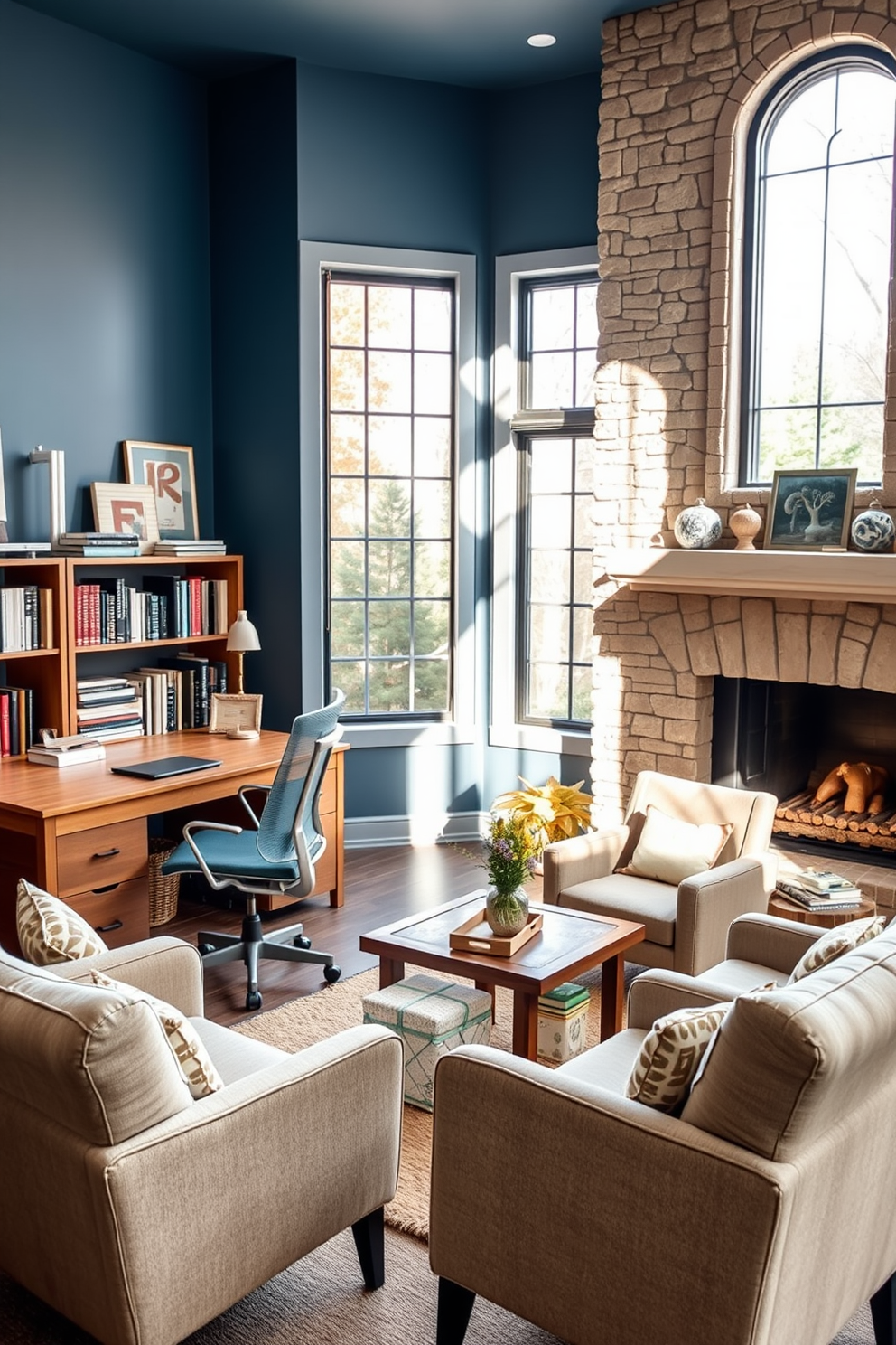 A modern workspace designed for productivity. It features a sleek wooden desk positioned near a large window, allowing natural light to flood the room. The walls are painted in a calming blue tone, complemented by a comfortable ergonomic chair. Shelves filled with books and decorative items line the walls, creating an inspiring atmosphere. A cozy home library that includes a fireplace for warmth and ambiance. Plush armchairs are arranged around a rustic coffee table, inviting relaxation and reading. The fireplace is framed with elegant stone, and built-in bookshelves showcase a curated collection of literature. Soft lighting enhances the inviting feel, making it the perfect retreat for book lovers.