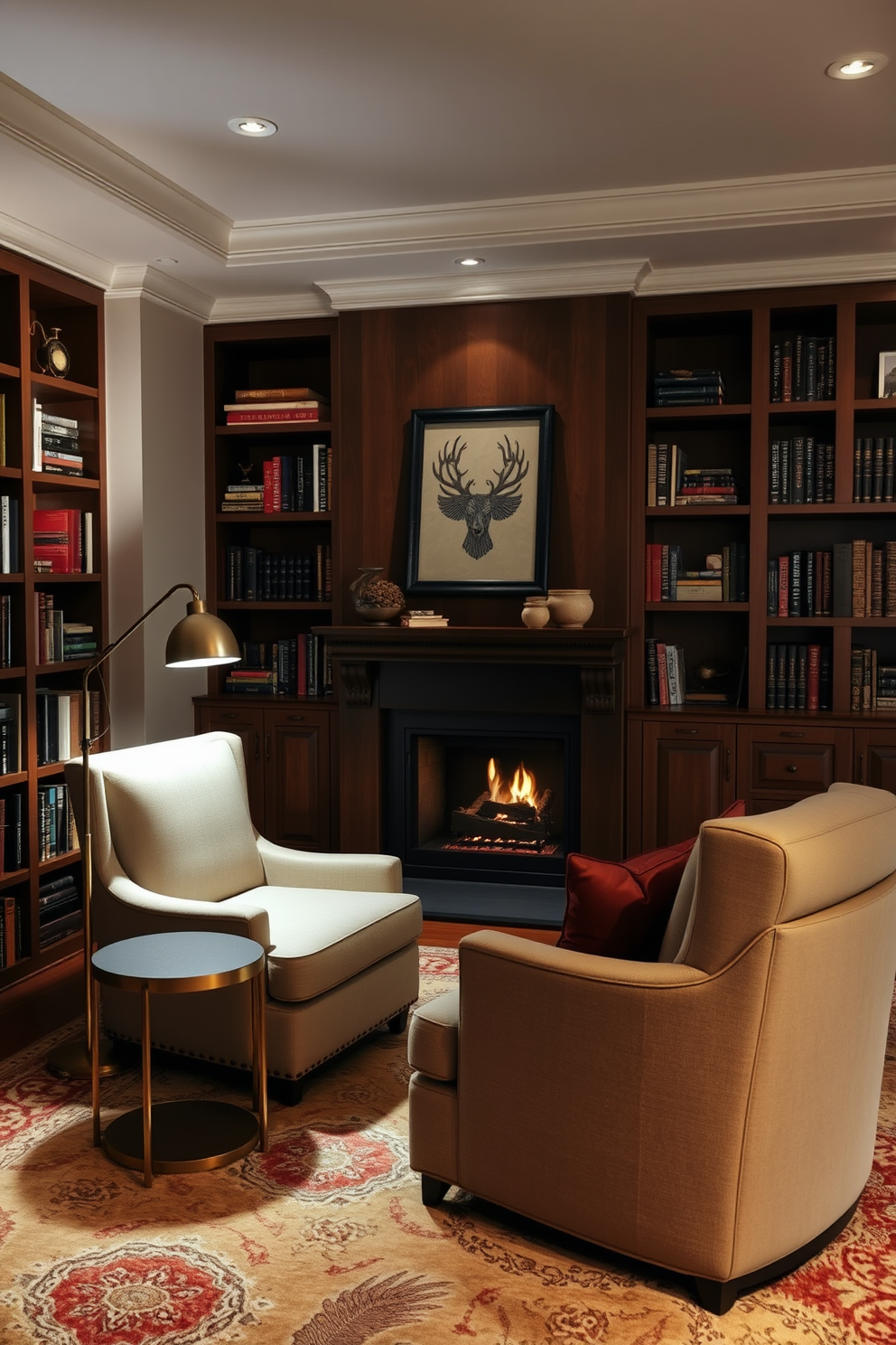 A cozy home library designed for evening reading features layered lighting that creates a warm and inviting atmosphere. A plush armchair is positioned next to a sleek side table, with a stylish floor lamp providing soft illumination while a fireplace crackles softly in the background. The walls are lined with built-in bookshelves filled with an eclectic collection of books and decorative items. Rich wooden tones and deep, warm colors enhance the intimate feel of the space, while a large area rug adds comfort underfoot.