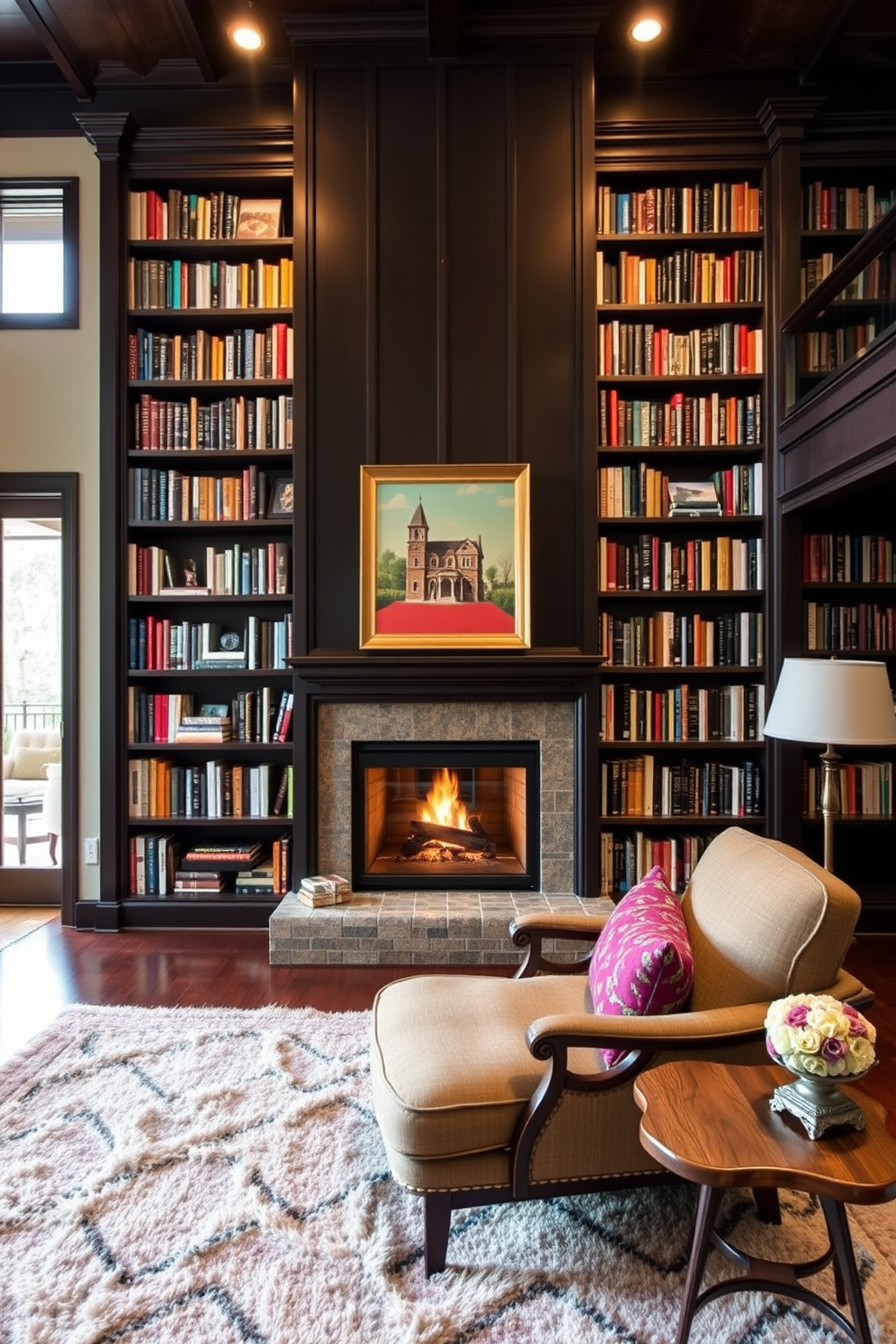 A cozy home library with a warm fireplace as the focal point. The walls are lined with dark wooden bookshelves filled with books, and a plush area rug anchors the seating area. Colorful accents like vibrant cushions and artwork add brightness to the space. A comfortable reading chair is positioned near the fireplace, inviting relaxation and inspiration.