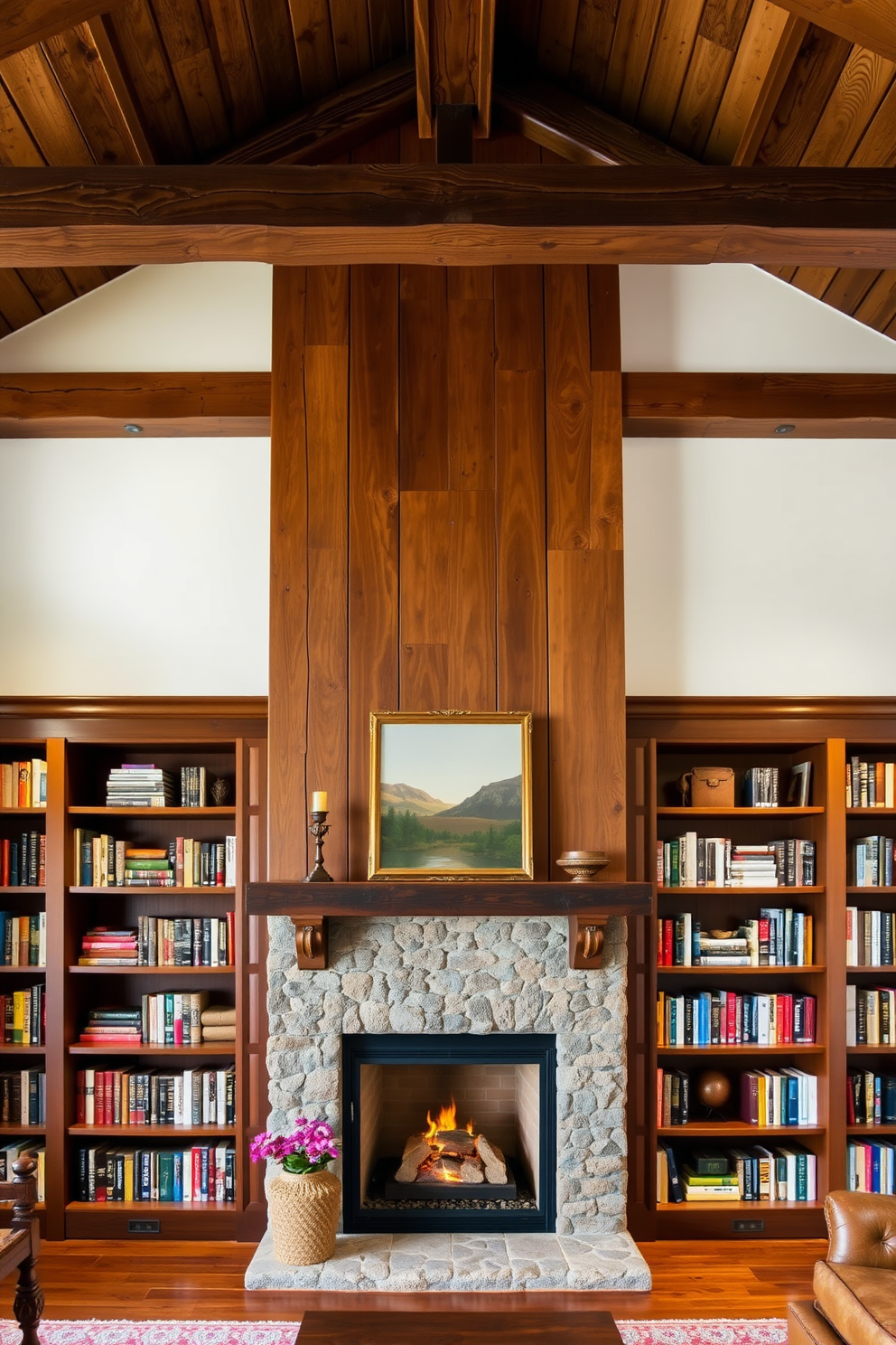 A cozy home library featuring rustic wooden beams overhead creates a warm and inviting atmosphere. The fireplace is framed by built-in bookshelves filled with books and decorative items, providing both functionality and charm.