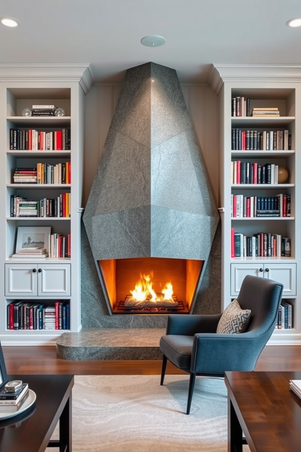 A unique fireplace design serves as a stunning focal point in the room. The fireplace features a modern geometric shape with a sleek stone finish and a warm glow that invites relaxation. The home library is designed with cozy reading nooks and built-in shelves filled with books. A stylish armchair is positioned near the fireplace, creating an inviting space for quiet contemplation.