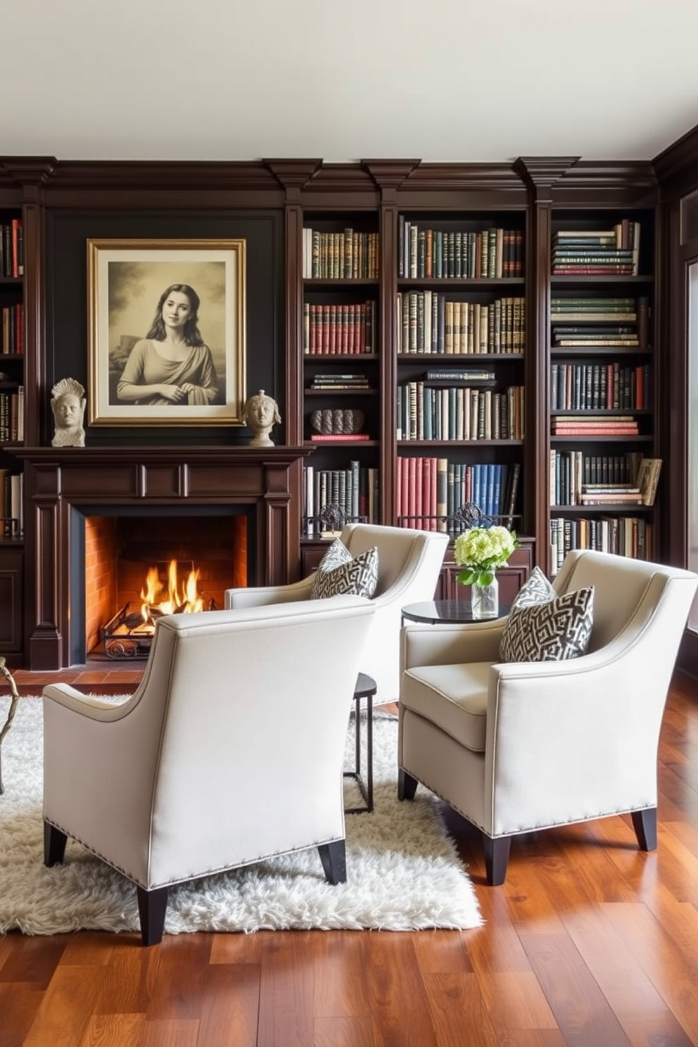 Elegant armchairs are positioned beside a roaring fireplace in a cozy home library. The walls are lined with dark wooden bookshelves filled with an array of books, while a plush area rug anchors the seating area.