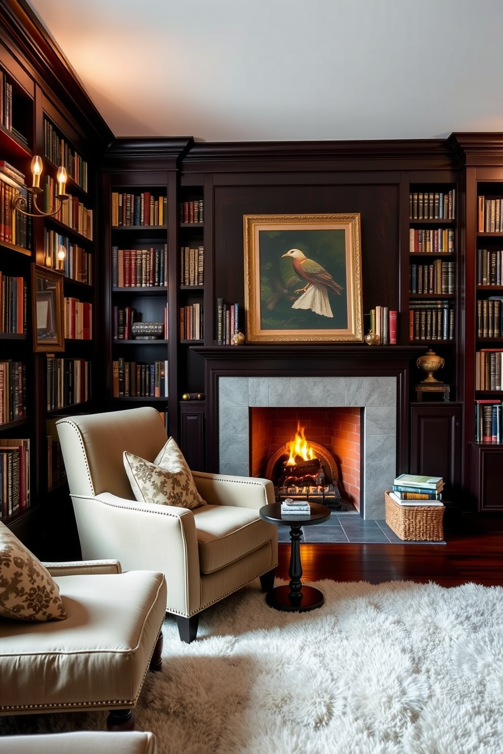 A cozy home library featuring a warm fireplace as the focal point. The walls are lined with dark wooden bookshelves filled with an array of books, and a plush area rug lies beneath a comfortable seating arrangement. A large, inviting armchair is positioned near the fireplace, complemented by a small side table for drinks. Soft lighting from elegant sconces casts a warm glow, enhancing the inviting atmosphere of the space.