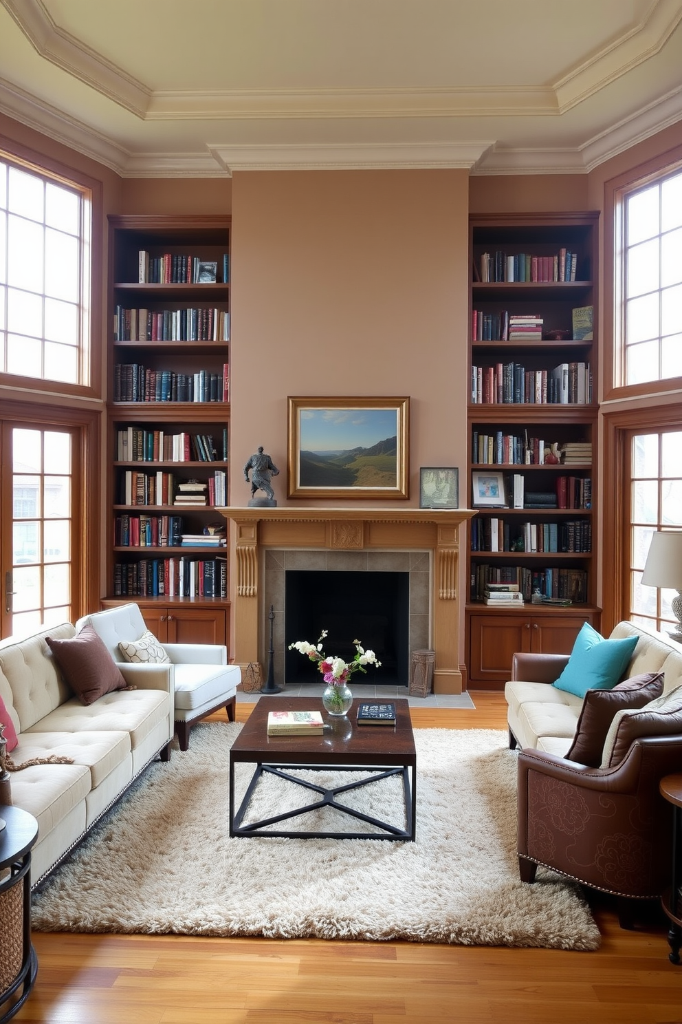 A cozy home library featuring large windows that flood the space with natural light. The room includes a classic fireplace surrounded by built-in bookshelves filled with an array of books and decorative items. Comfortable seating is arranged around a stylish coffee table, inviting relaxation and reading. The walls are adorned with warm colors, and a plush area rug adds texture to the hardwood floor.