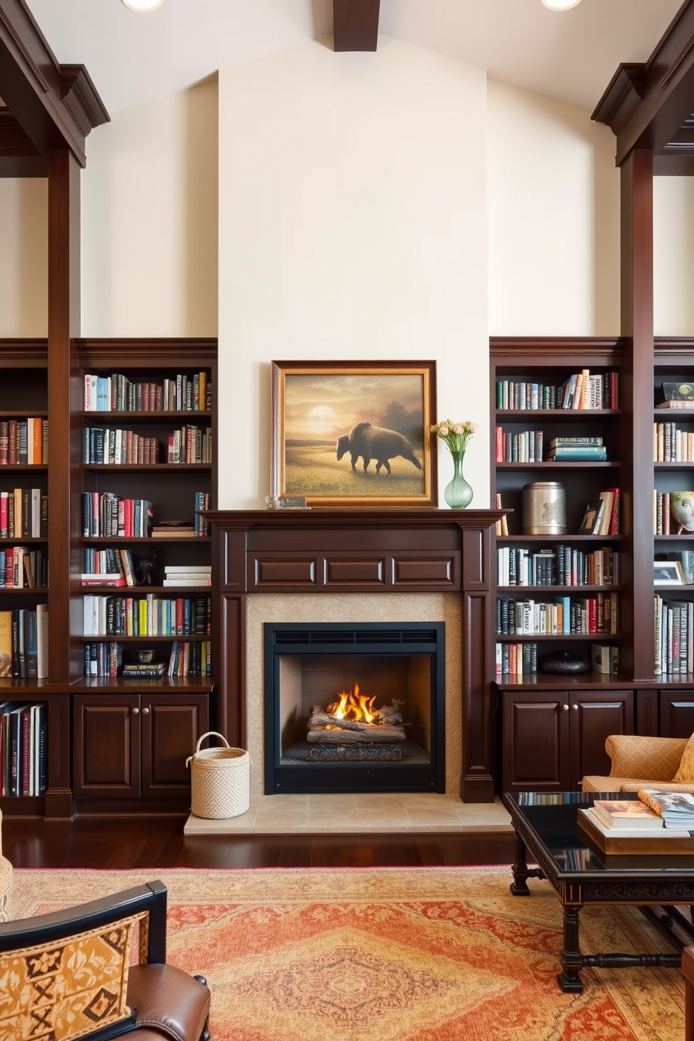 A cozy home library featuring dark wood accents against light-colored walls. A large fireplace serves as the focal point, flanked by built-in bookshelves filled with books and decorative items.