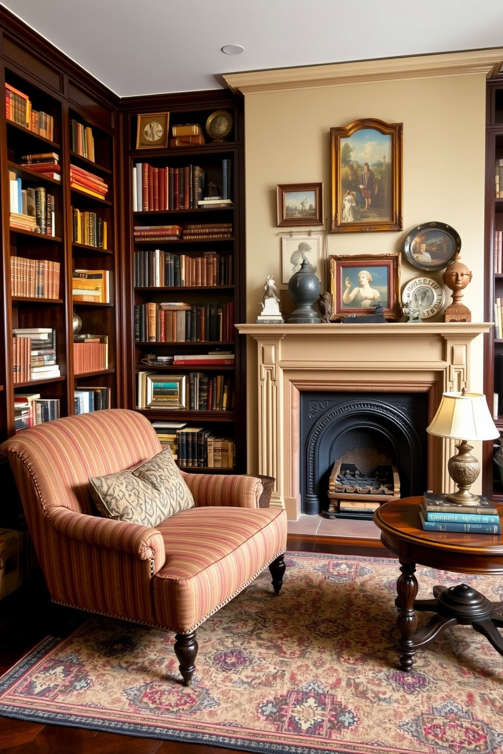 A cozy home library filled with vintage decor surrounds a charming fireplace. The walls are lined with dark wooden bookshelves, showcasing an array of classic literature and decorative antiques. A plush armchair upholstered in rich fabric is positioned near the fireplace, inviting relaxation. A patterned area rug lies beneath a small wooden coffee table, adorned with a stack of books and a vintage lamp.