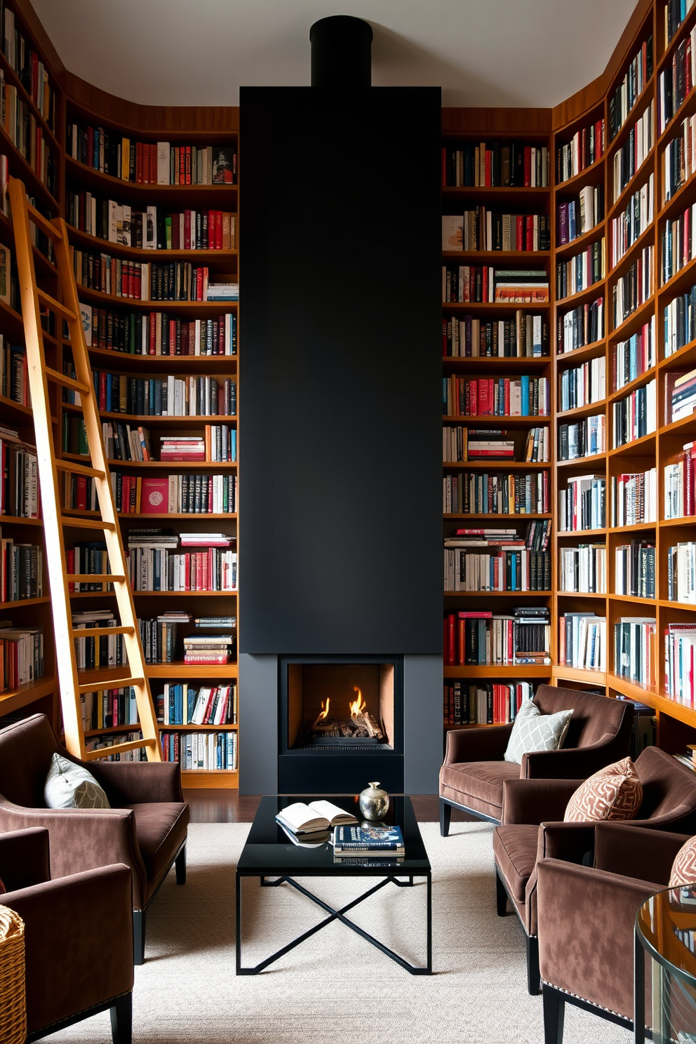 A cozy home library features floor-to-ceiling bookshelves filled with an extensive collection of books. A sleek wooden ladder leans against the shelves, providing easy access to the highest volumes. In the center of the room, a modern fireplace adds warmth and ambiance, surrounded by comfortable seating. Plush armchairs and a stylish coffee table create an inviting reading nook, perfect for relaxation.