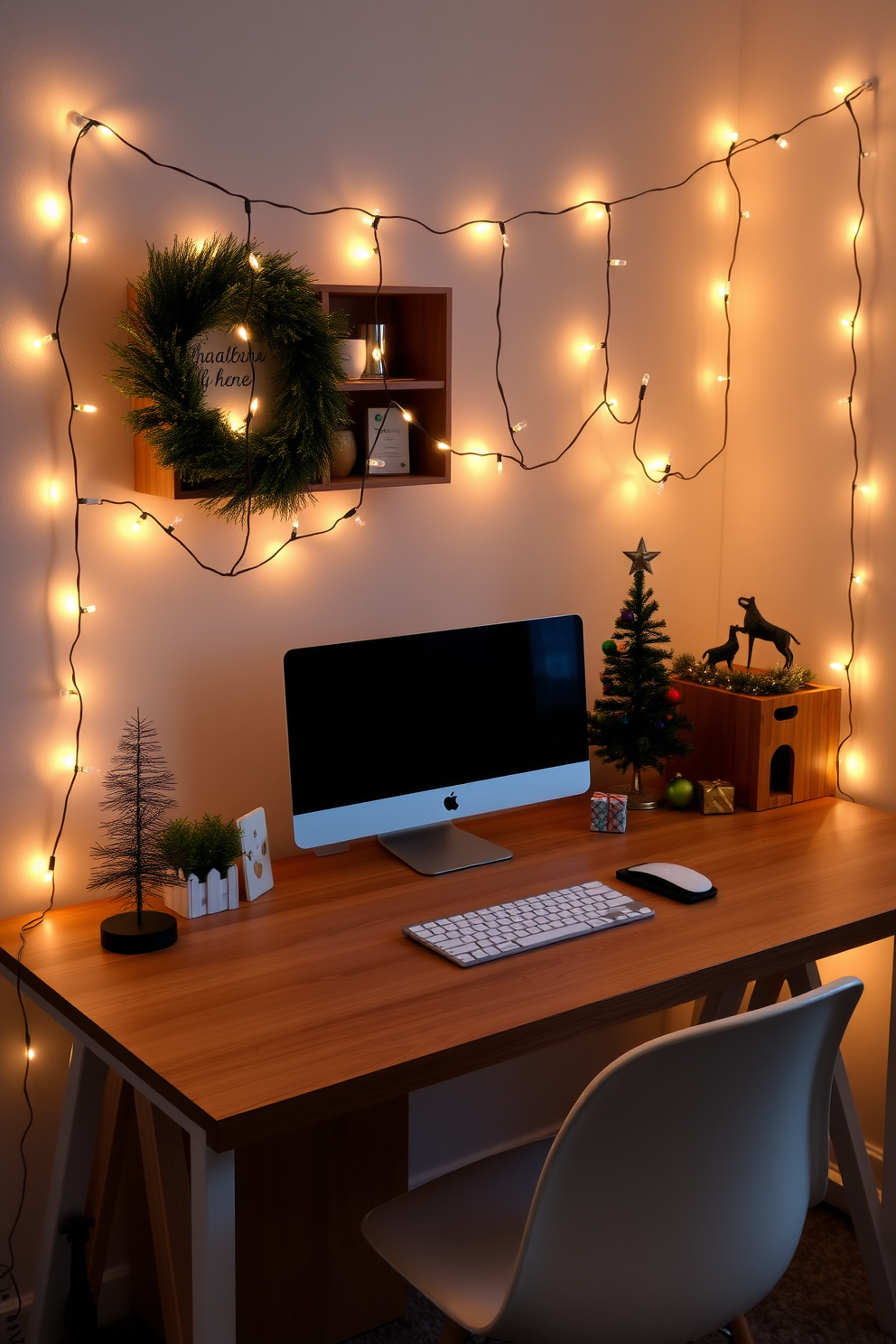 Cozy string lights drape elegantly around a modern wooden desk, casting a warm and inviting glow. The desk is adorned with festive decorations, including a small Christmas tree and colorful ornaments, creating a cheerful home office atmosphere.