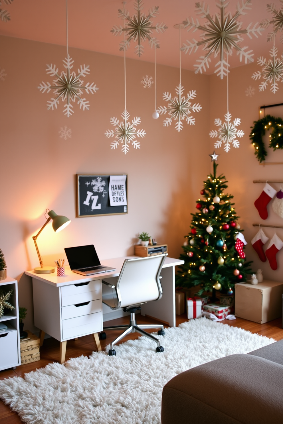 A cozy home office adorned with DIY paper snowflakes hanging from the ceiling creates a festive atmosphere. The desk is neatly organized with a stylish laptop and a warm desk lamp, while a comfortable chair invites productivity. In the corner, a small Christmas tree is decorated with twinkling lights and colorful ornaments. A plush rug underfoot adds warmth, and a few festive accents like garlands and stockings complete the cheerful holiday decor.