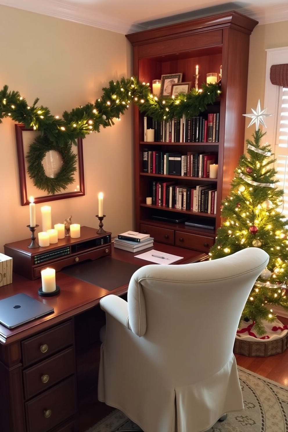 A cozy home office decorated for the holidays. The space features a large wooden desk adorned with holiday scented candles, casting a warm glow across the room. Festive garlands drape over the bookshelves, and a small Christmas tree sits in the corner, decorated with twinkling lights. A comfortable chair is placed near the desk, inviting relaxation and inspiration during the holiday season.