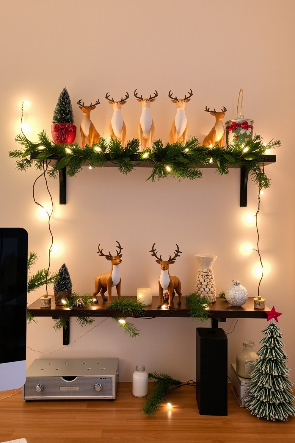 A cozy home office decorated for Christmas features a stylish shelf adorned with charming reindeer figurines. The shelf is complemented by twinkling fairy lights and festive greenery, creating a warm and inviting atmosphere.