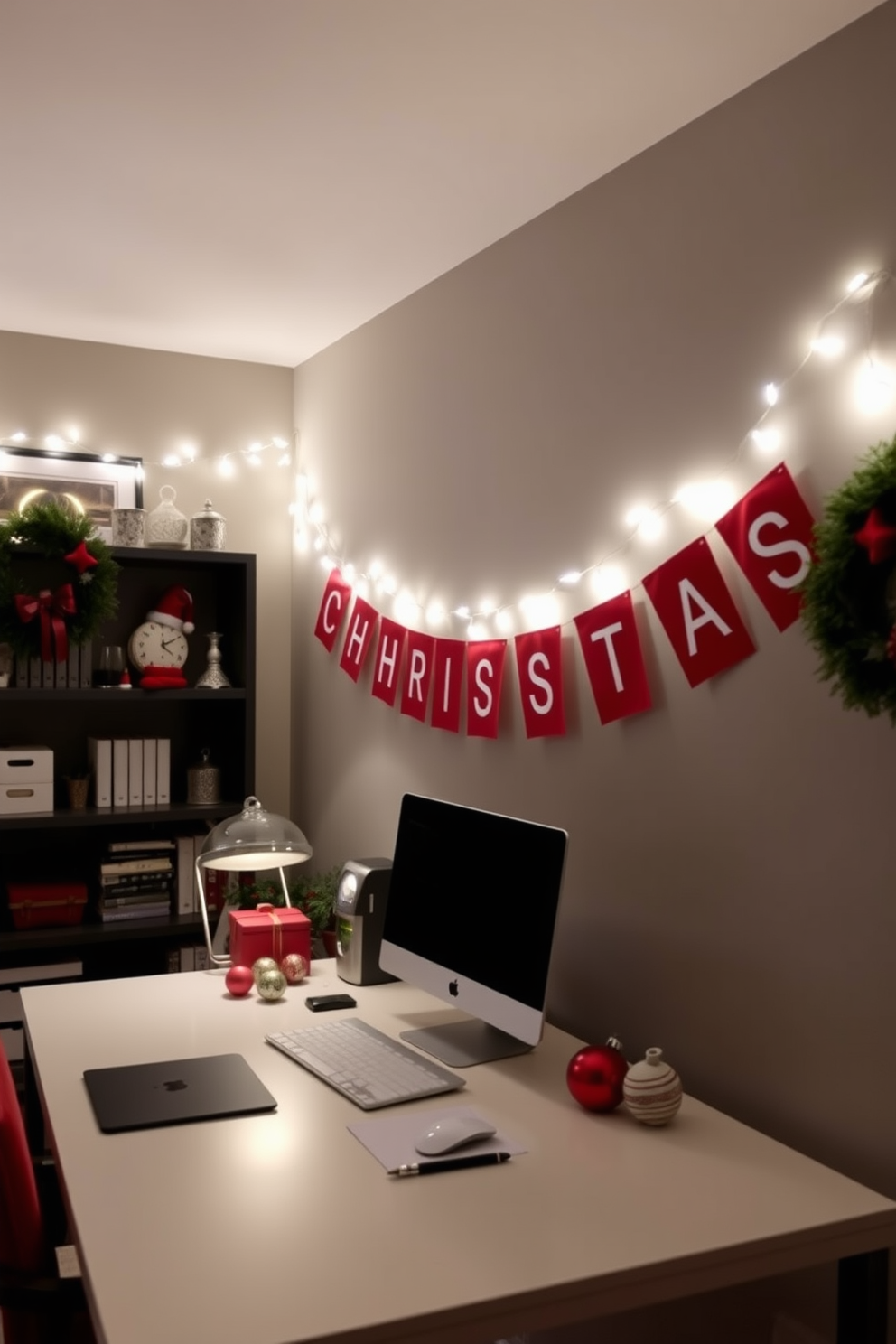 A cozy home office adorned for Christmas. A Merry Christmas banner stretches across the wall, complemented by twinkling fairy lights and festive ornaments on the desk.