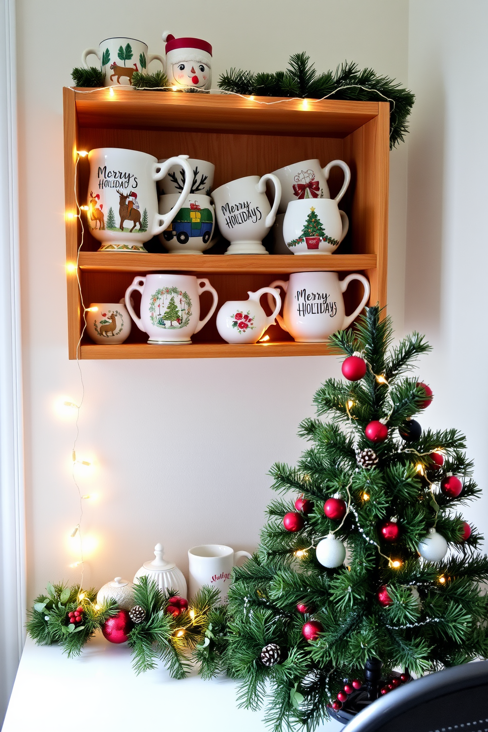 Decorative holiday mugs arranged on a wooden shelf, showcasing a variety of festive designs and colors. Soft fairy lights are draped around the shelf, creating a warm and inviting atmosphere. A cozy home office decorated for Christmas, featuring a small evergreen tree adorned with colorful ornaments. A garland of pine and berries is hung along the desk, complementing the seasonal decor.