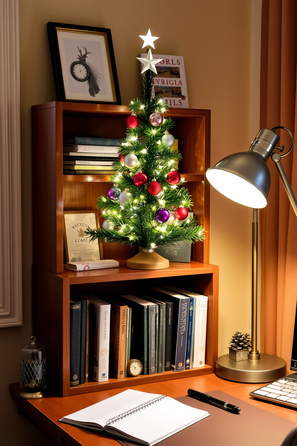 A cozy home office decorated for Christmas features a mini Christmas tree perched on a wooden bookshelf. The tree is adorned with twinkling lights and colorful ornaments, adding a festive touch to the workspace. Surrounding the tree are neatly arranged books and a few holiday-themed decorations. A warm glow from a desk lamp enhances the inviting atmosphere, creating a perfect blend of productivity and holiday spirit.