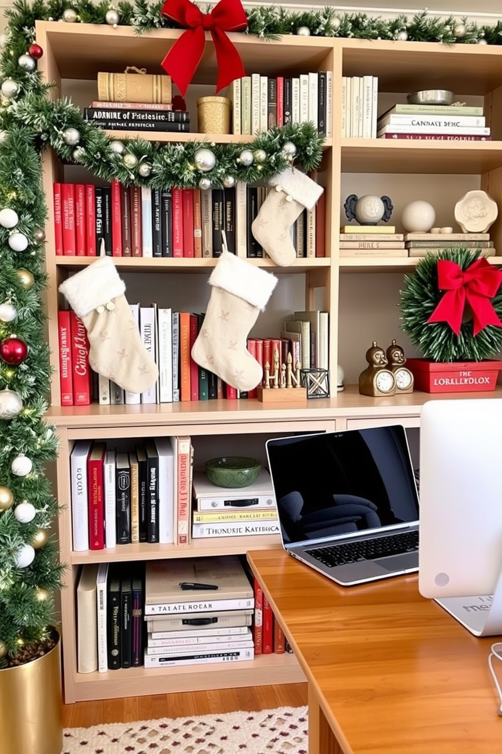 A cozy home office adorned for Christmas. Stockings are hung on a stylish bookshelf filled with books and decorative items, adding a festive touch to the workspace.