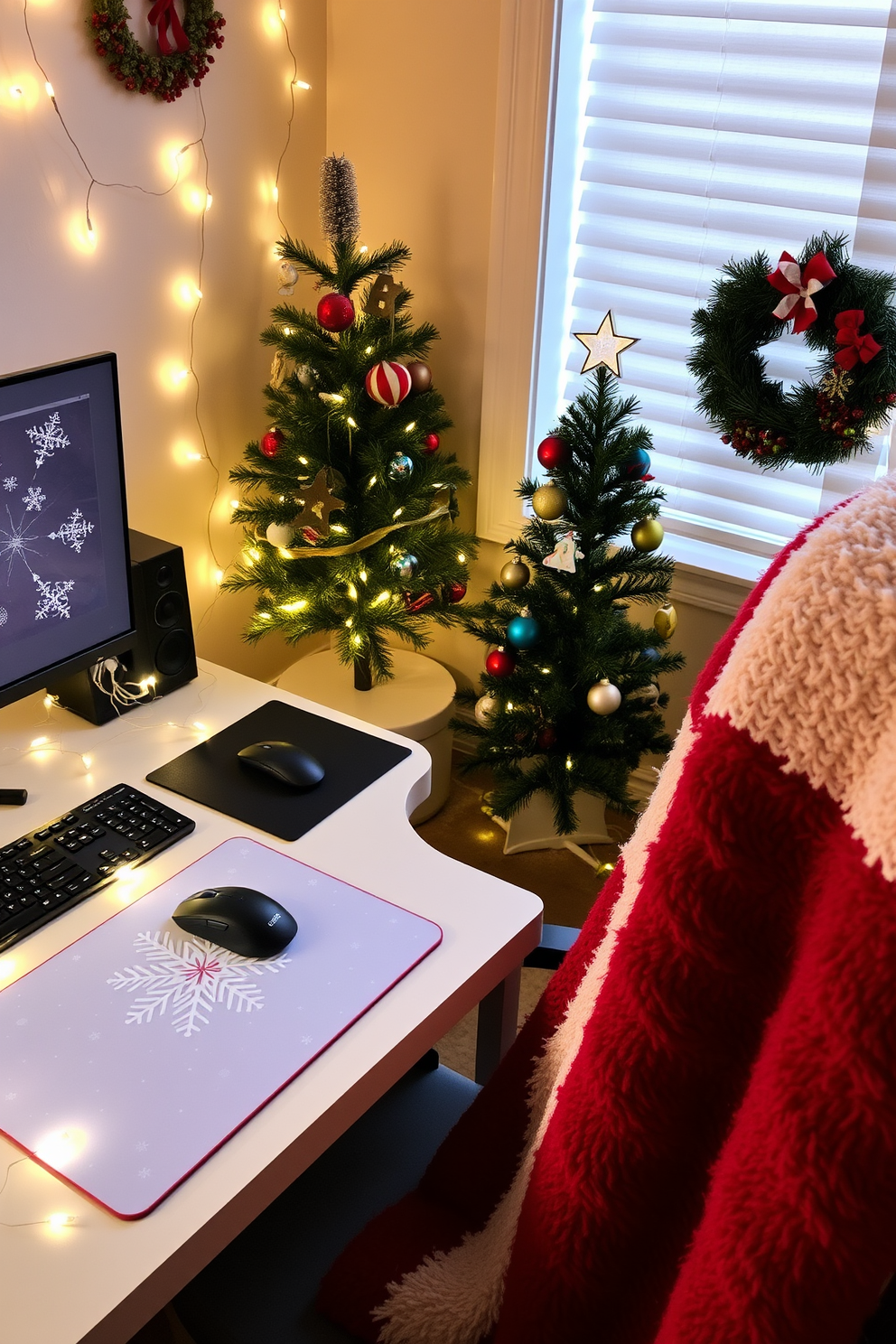 A cozy home office setting adorned with Christmas decorations. The desk features a festive mouse pad with a snowflake design and a matching keyboard, surrounded by twinkling fairy lights. A small evergreen tree sits in the corner, decorated with colorful ornaments and a star on top. A plush red and white throw blanket drapes over the chair, adding warmth to the holiday atmosphere.